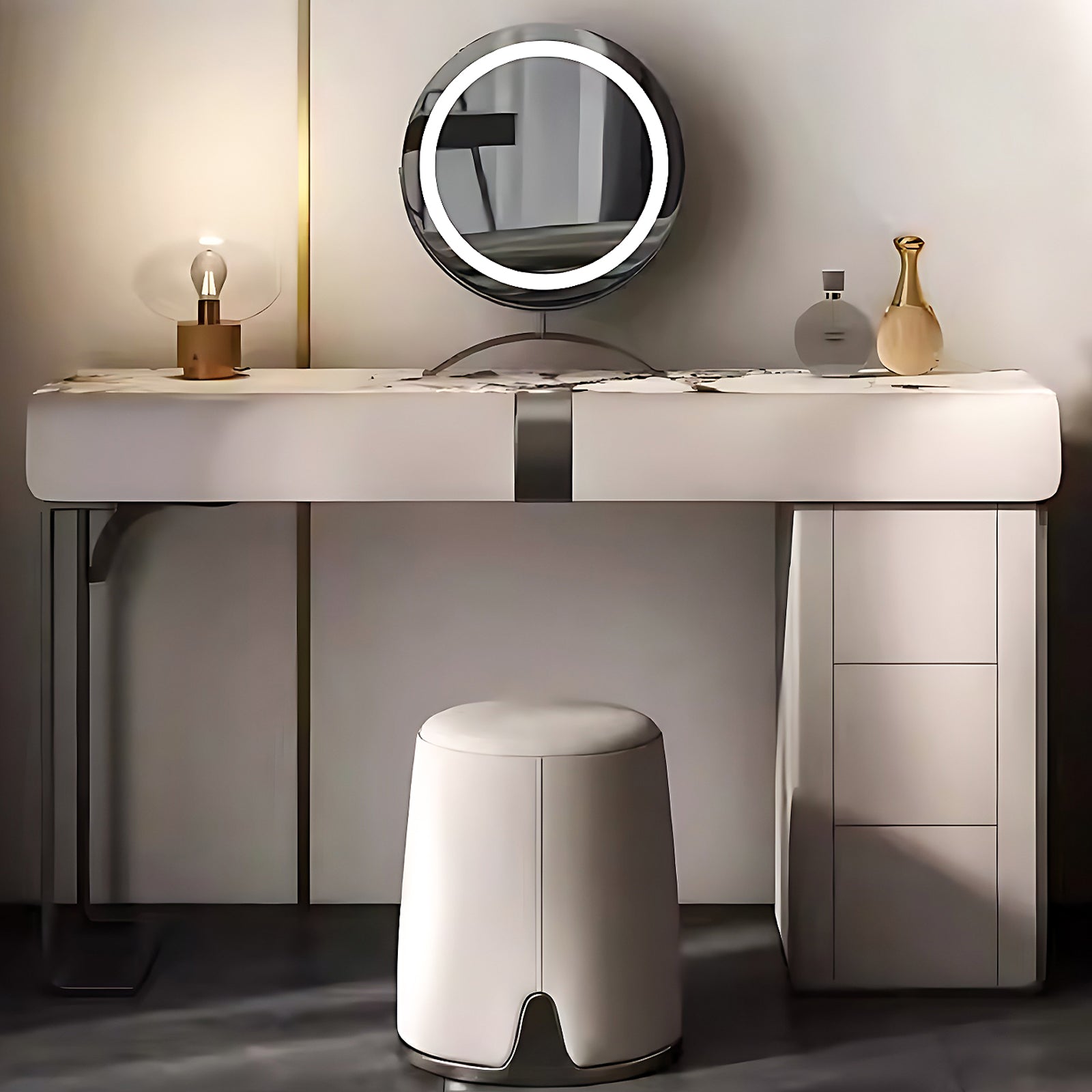 Minimalist Dressing Table with Drawers & Circle Mirror & Stool