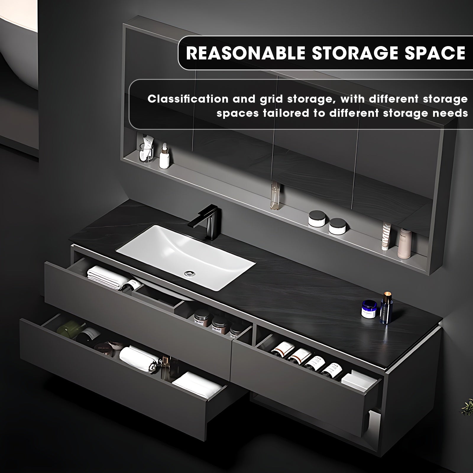32"- 78" Minimalist Floating Bathroom Vanity Set with Open Storage Mirror Cabinet & Single Sink