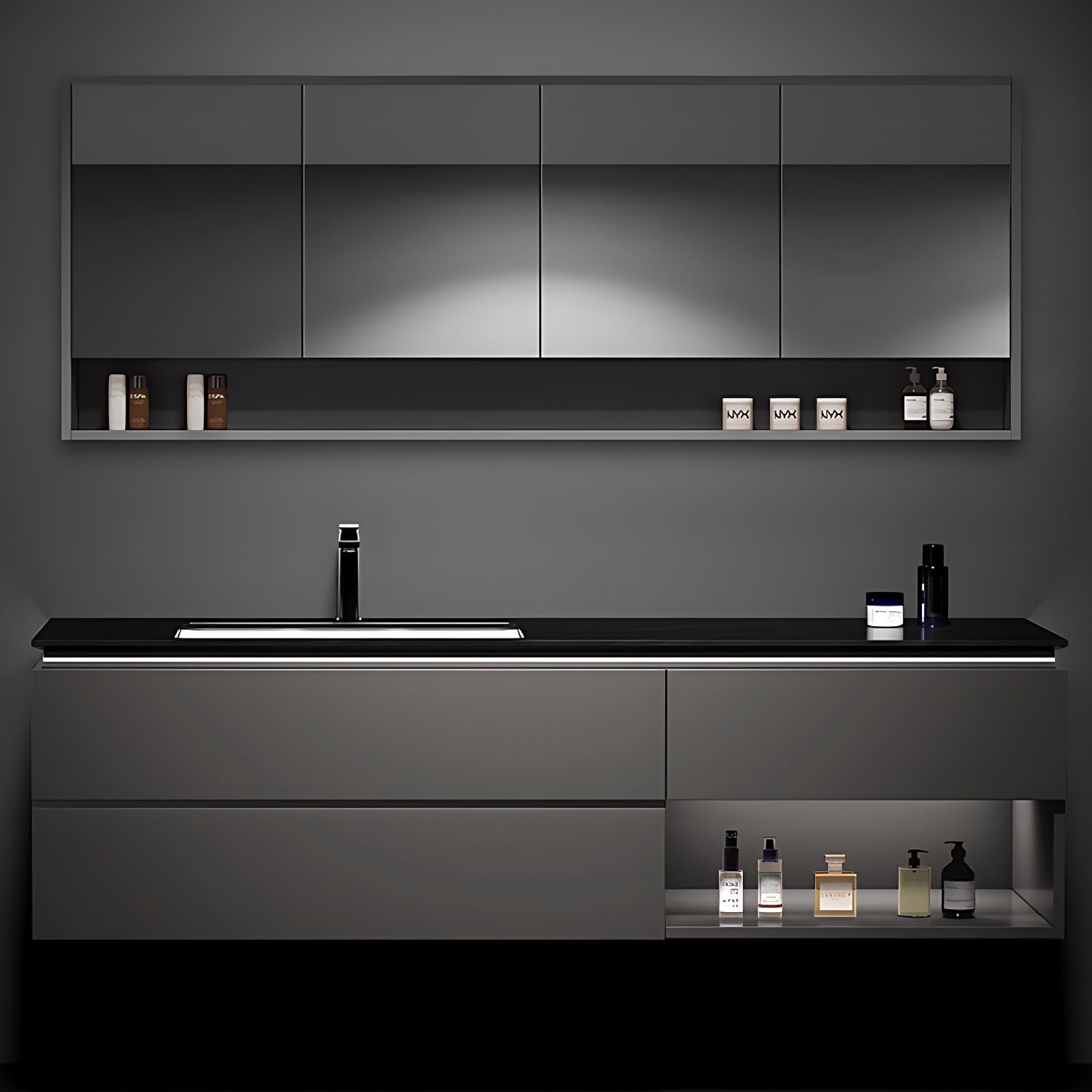 32"- 78" Minimalist Floating Bathroom Vanity Set with Open Storage Mirror Cabinet & Single Sink