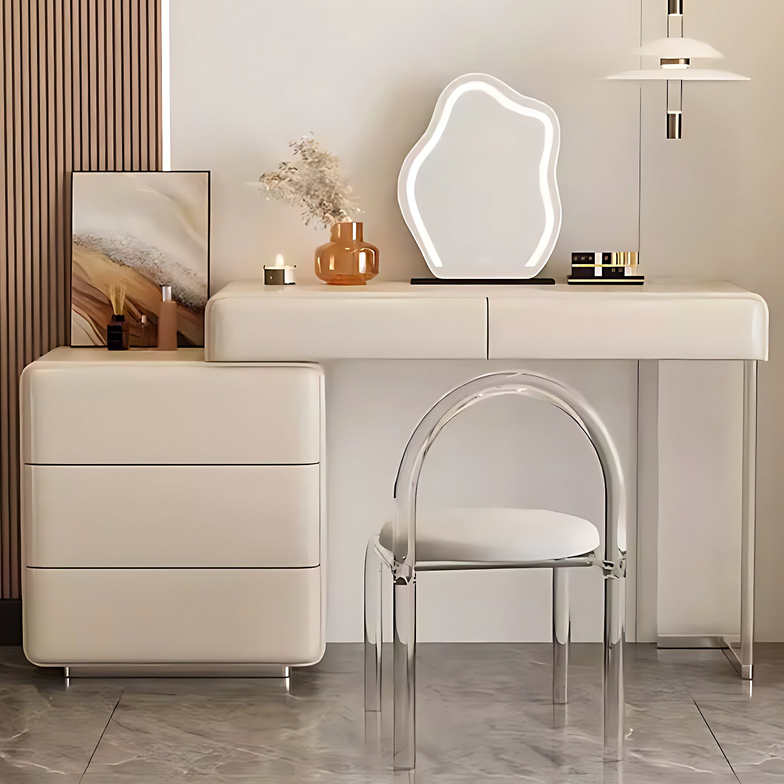 Minimalist Vanity Table with 5 Drawers & Irregular Mirror & Chair