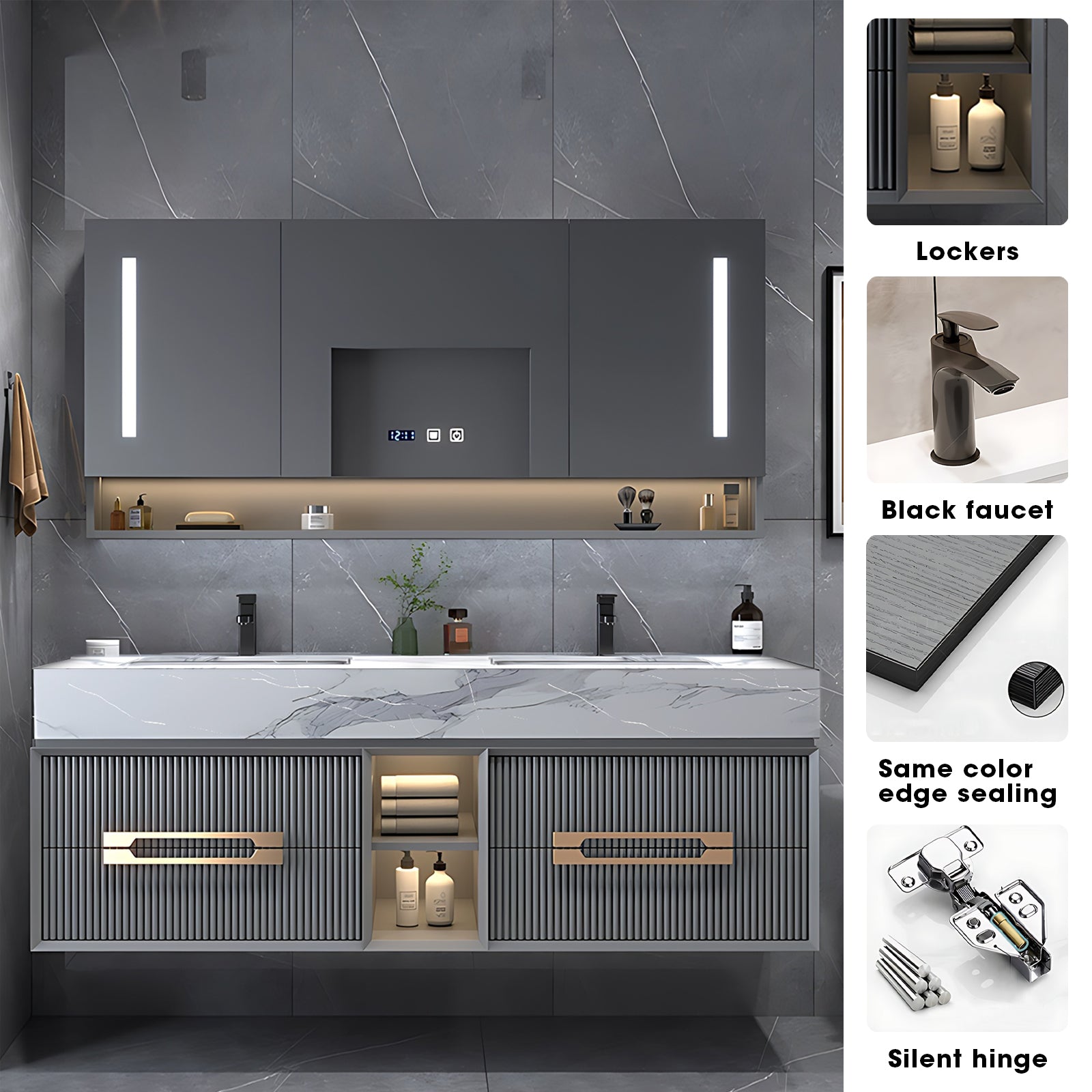 40"- 78" Modern Bathroom Vanity Set with LED Defogging Mirror and Sink