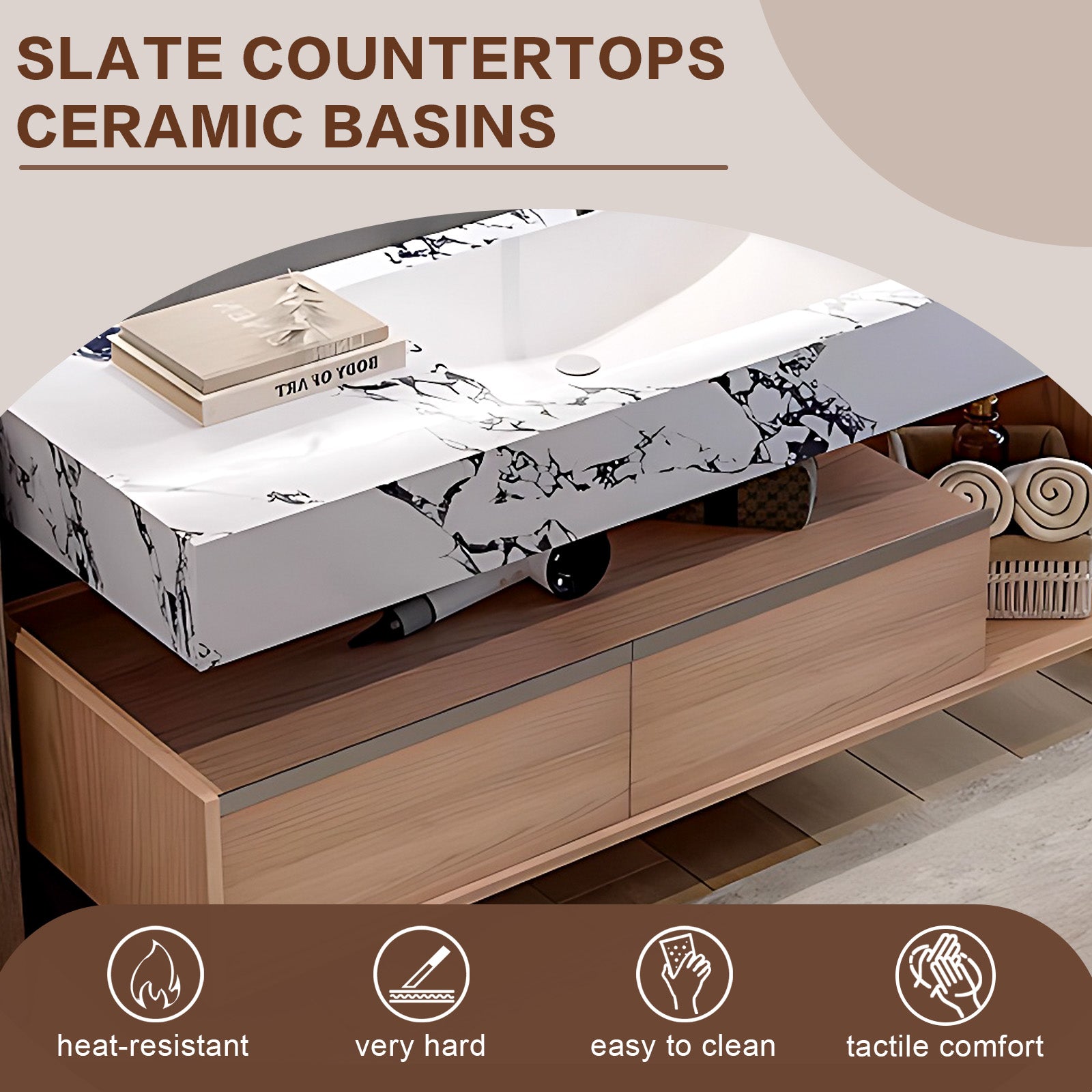 44"- 64" Modern Bathroom Vanity Sink Set with Slate Countertop, Ceramic Basin and Mirror