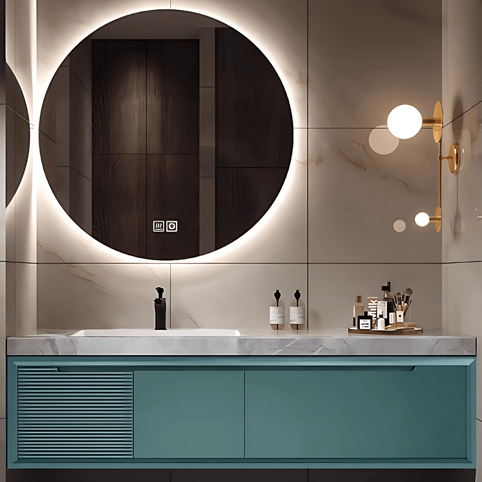 Modern Bathroom Vanity with Slate Countertop, Ceramic Basin and Smart Circle Mirror