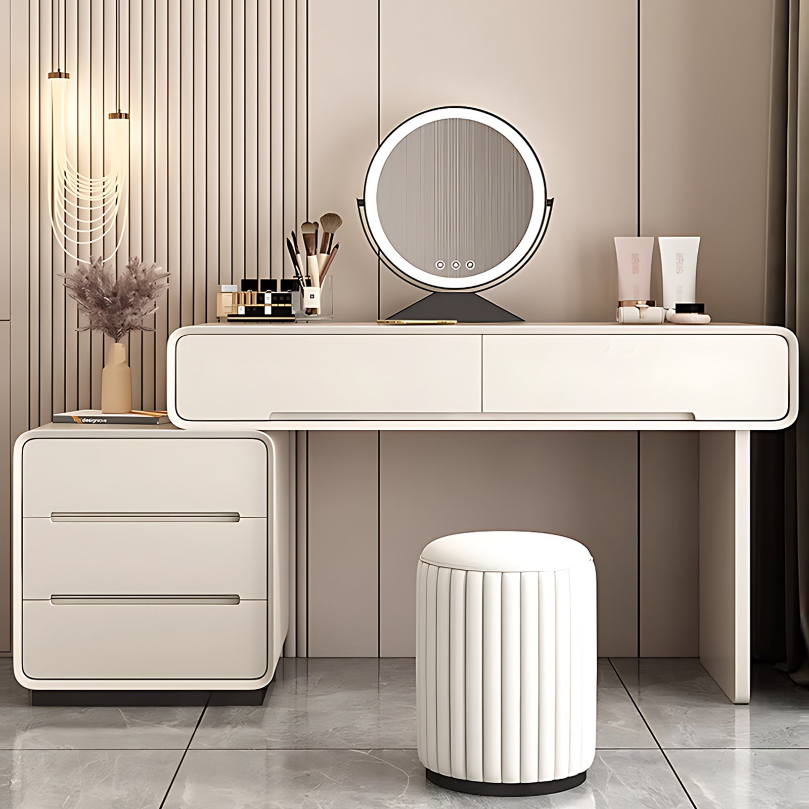 Modern Dressing Table with Storage Drawer & LED Mirror & Stool