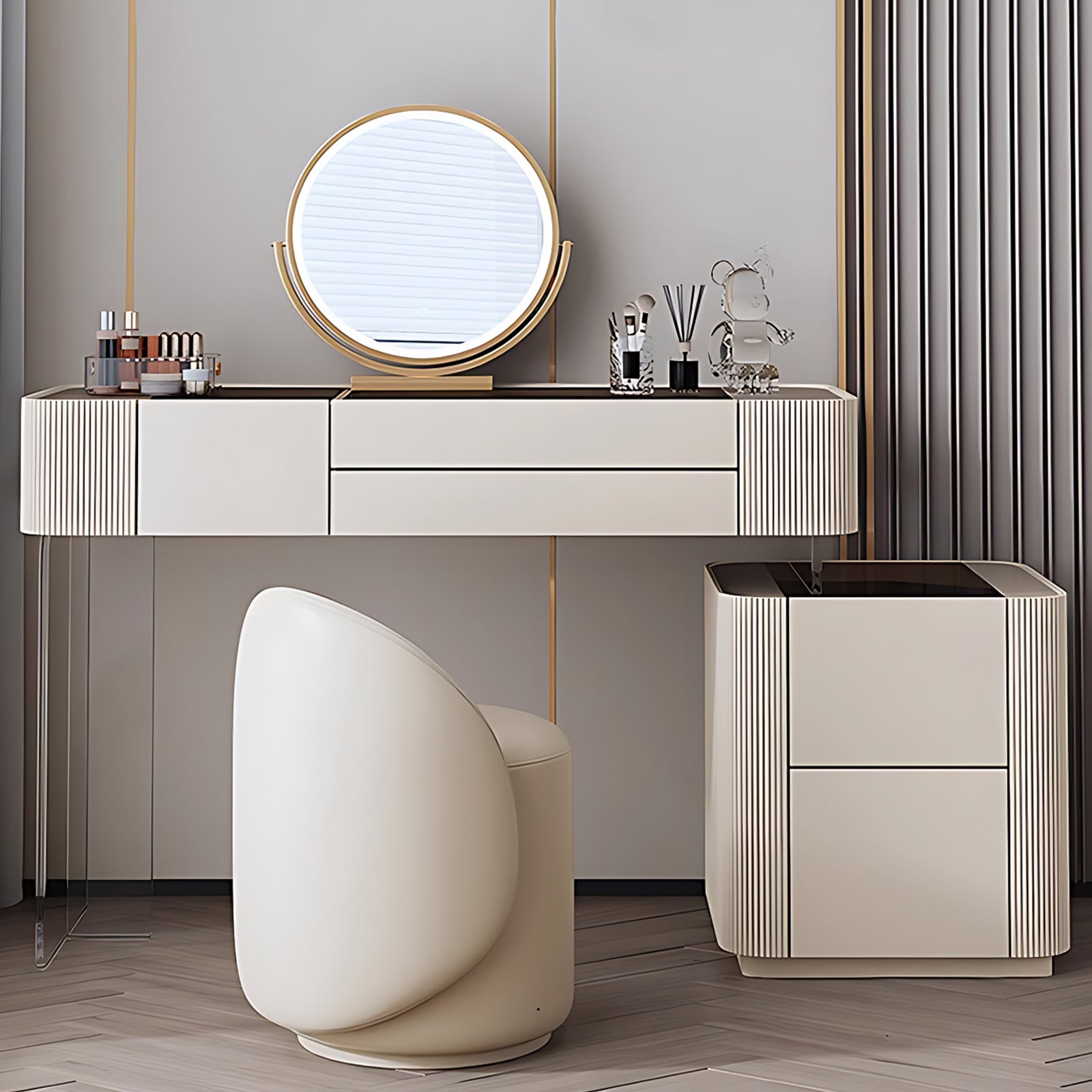 Modern Glass-Top Dressing Table with Circle Mirror & Stool