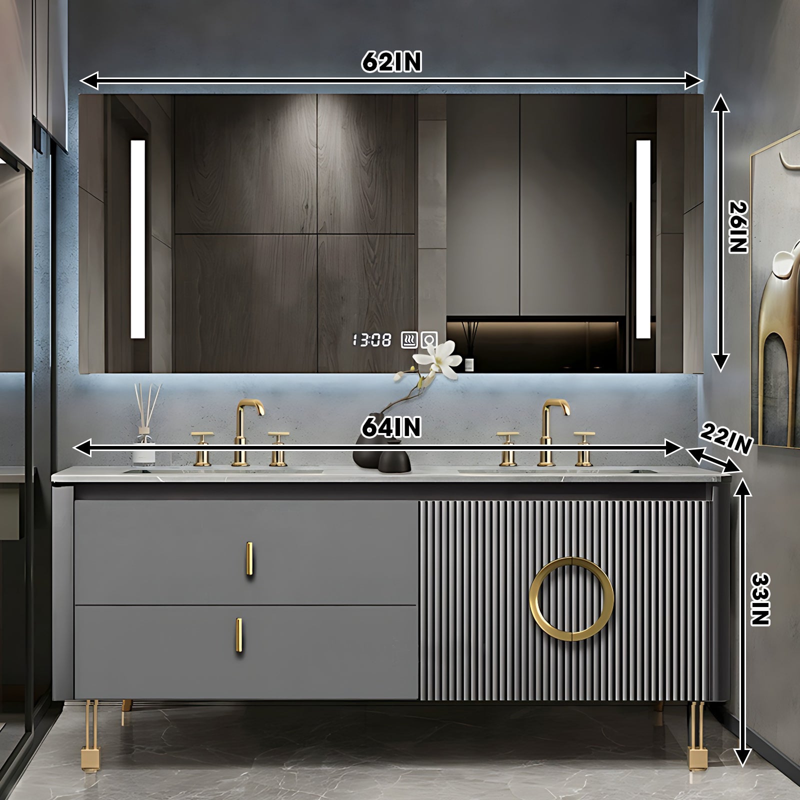 36"- 78" Modern Gray Freestanding Bath Vanity Set with LED Mirror Cabi ...