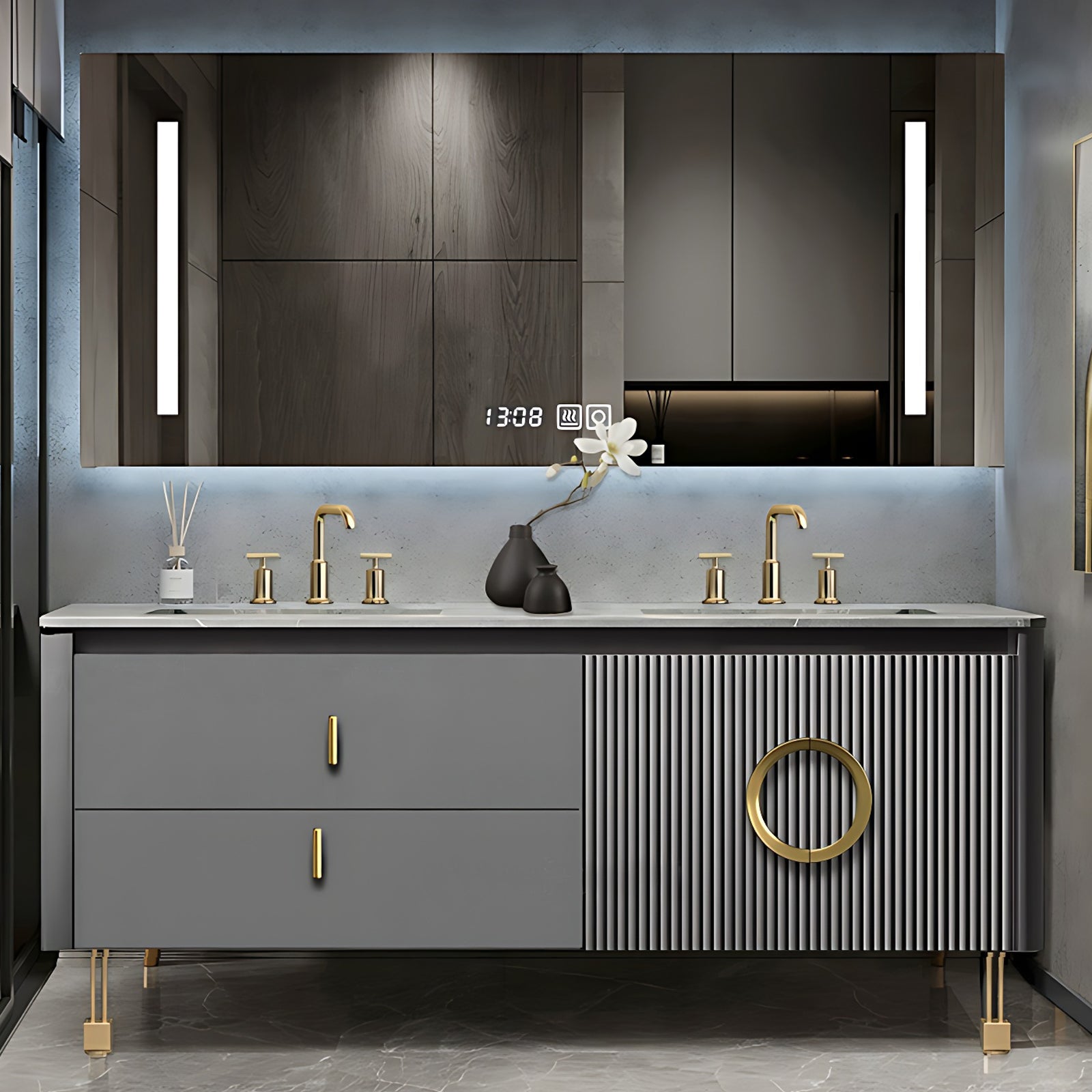 36"- 78" Modern Gray Freestanding Bath Vanity Set with LED Mirror Cabinet and Sink