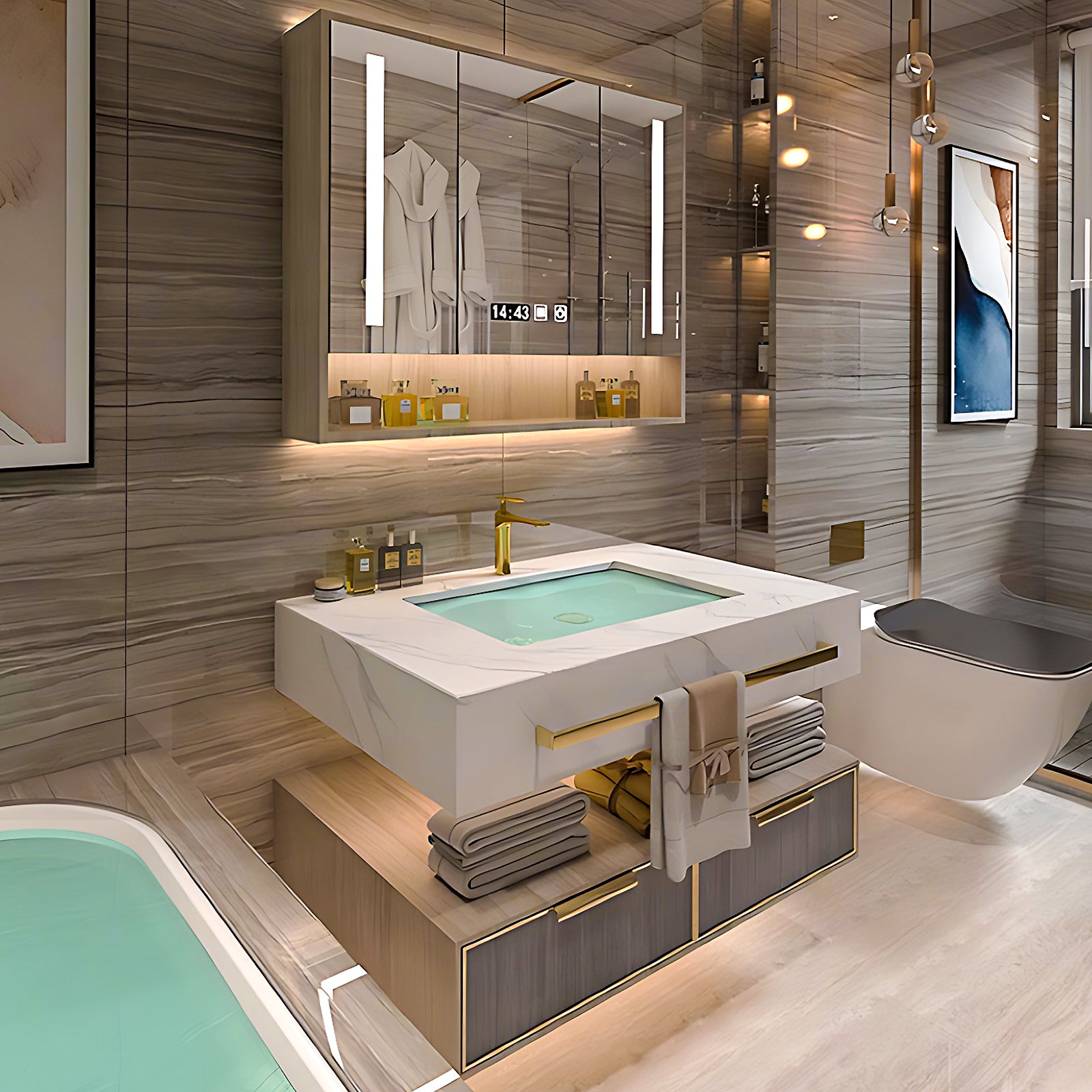 Open Storage Bathroom Vanity: 36"- 78" with LED Mirror Cabinet & Sink ...
