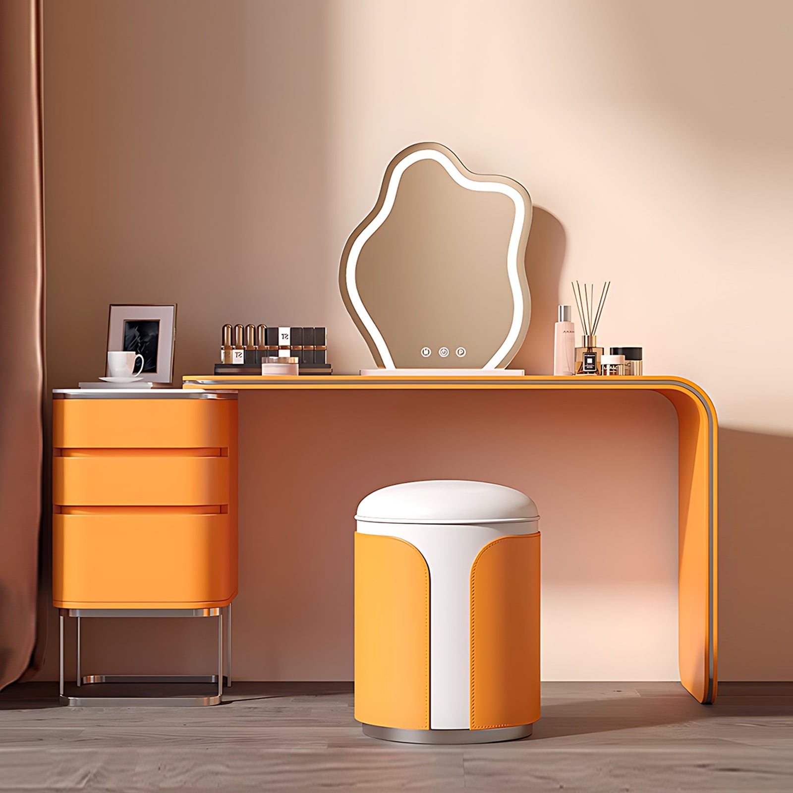 Orange Dressing Table with 3-Color LED Mirror & Stool