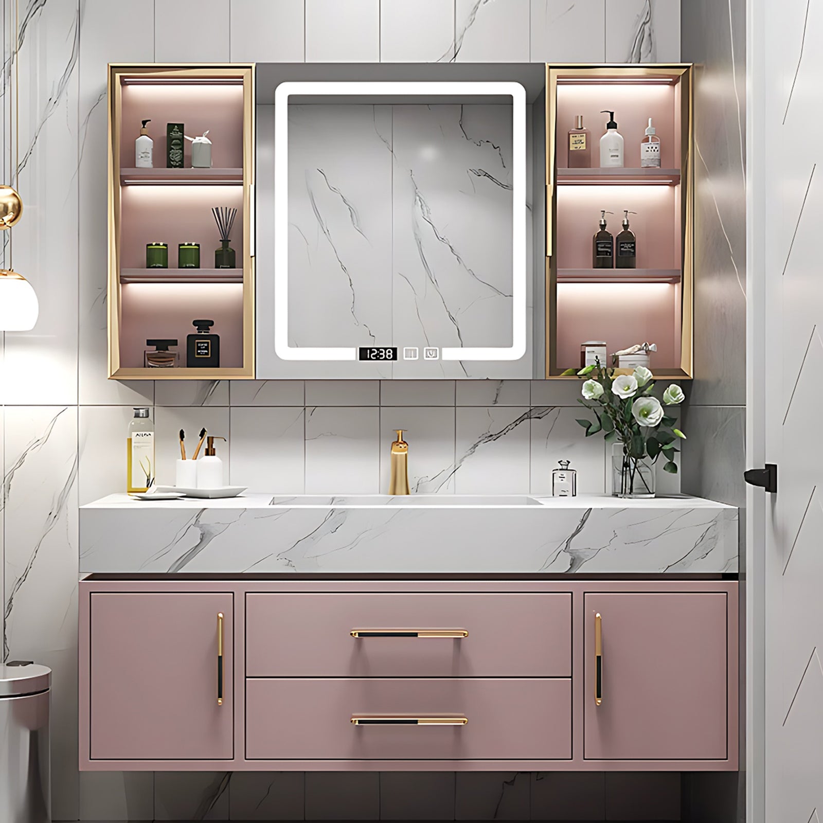 36"- 56" Pink Bath Vanity Set with Lighting Mirror Cabinet and Sink