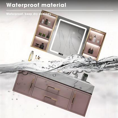 36"- 56" Pink Bath Vanity Set with Lighting Mirror Cabinet and Sink