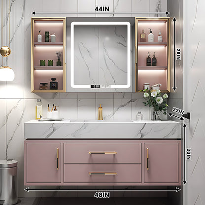 36"- 56" Pink Bath Vanity Set with Lighting Mirror Cabinet and Sink