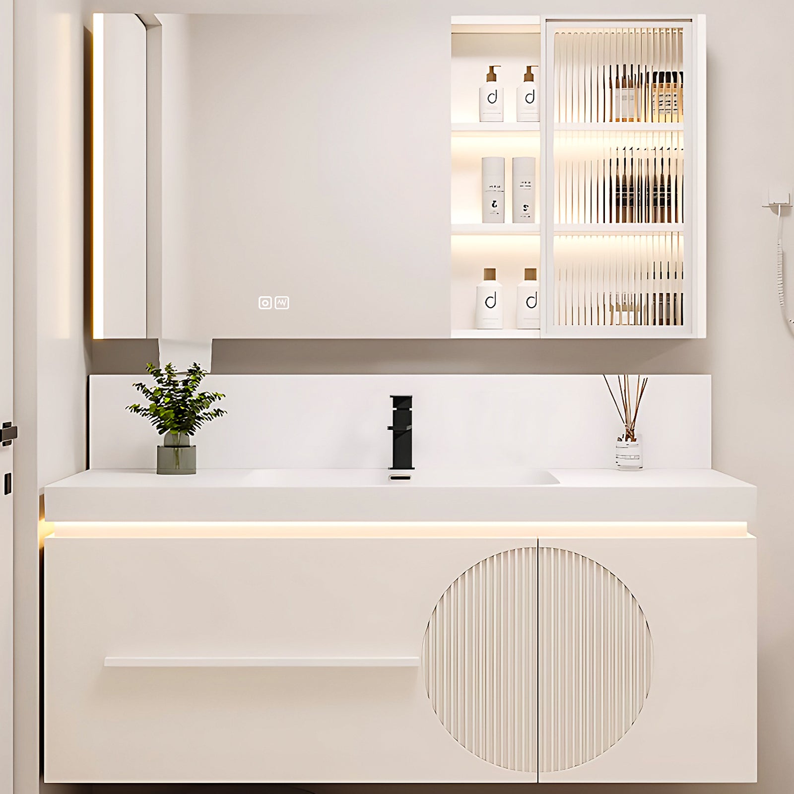 40"- 72" Single Basin Bathroom Vanity Set with Medicine Cabinet, Fluted Glass Door Cabinet and Sensor Light