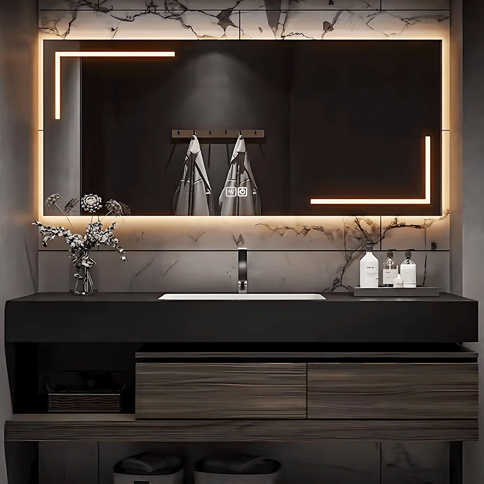36‘’-72‘’ Single Bathroom Vanity Set with Rectangle Lighting Mirror and Sink