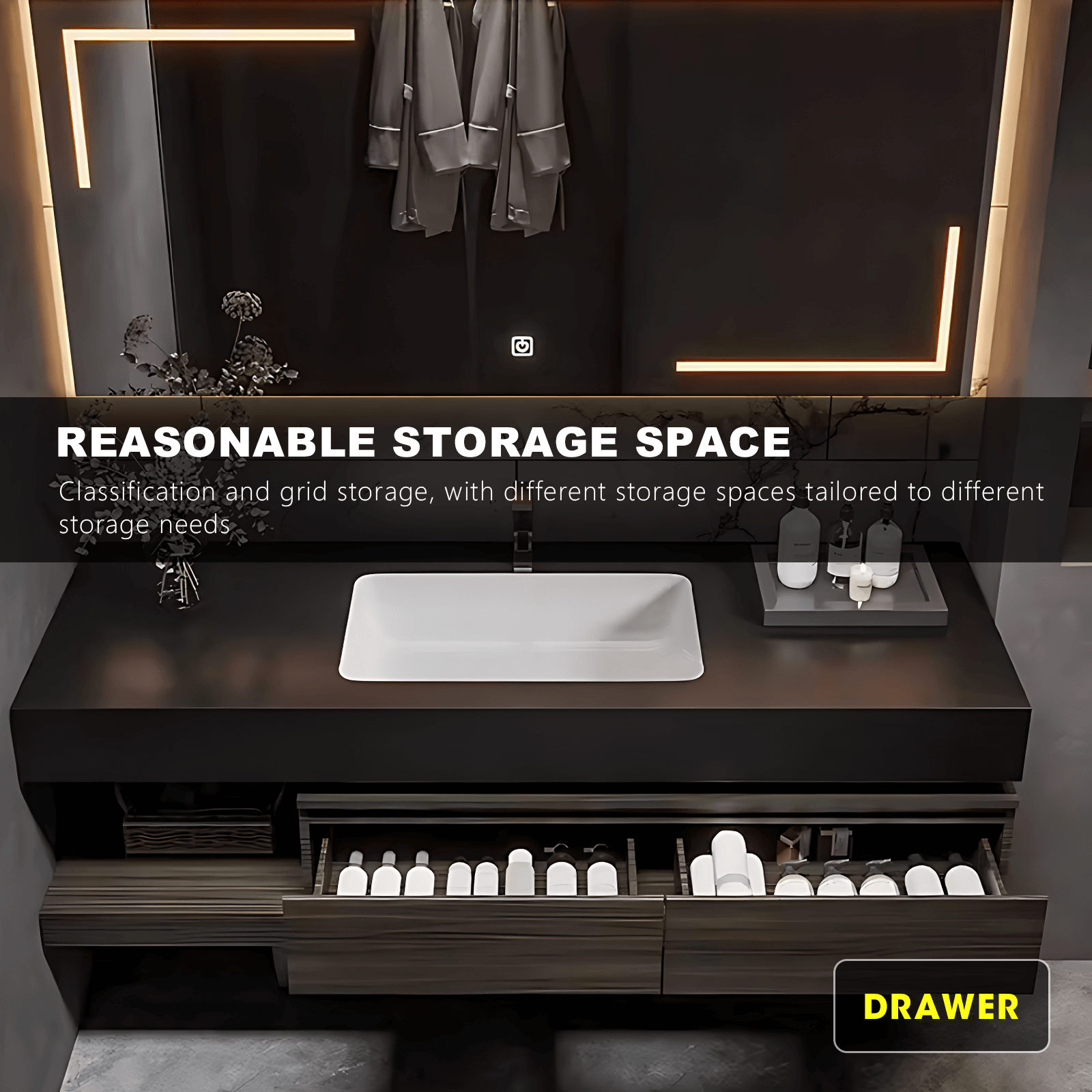 36‘’-72‘’ Single Bathroom Vanity Set with Rectangle Lighting Mirror and Sink