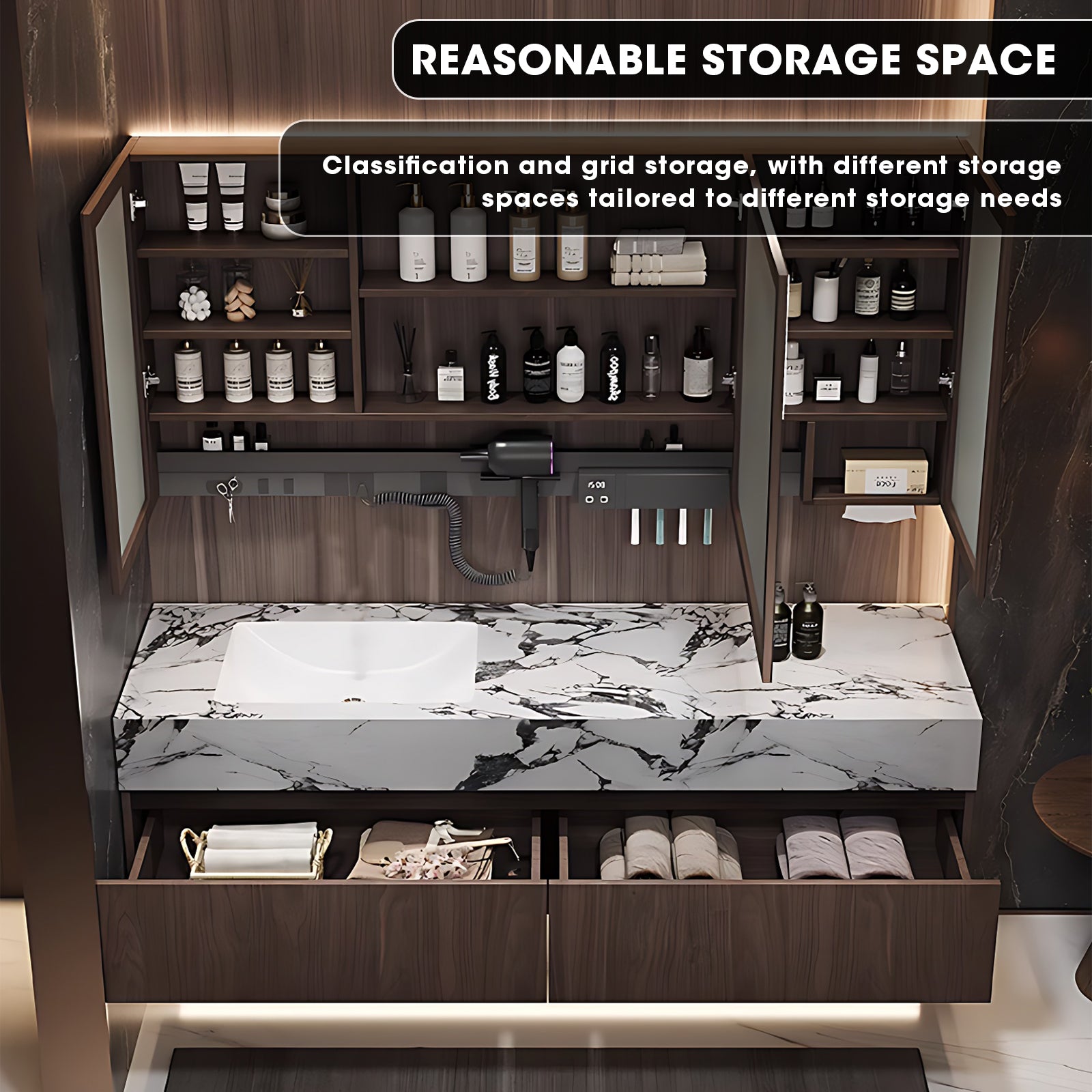 40"- 60" Single Ceramic Basin Bathroom Vanity Set with Backlit Defogging Mirror Cabinet