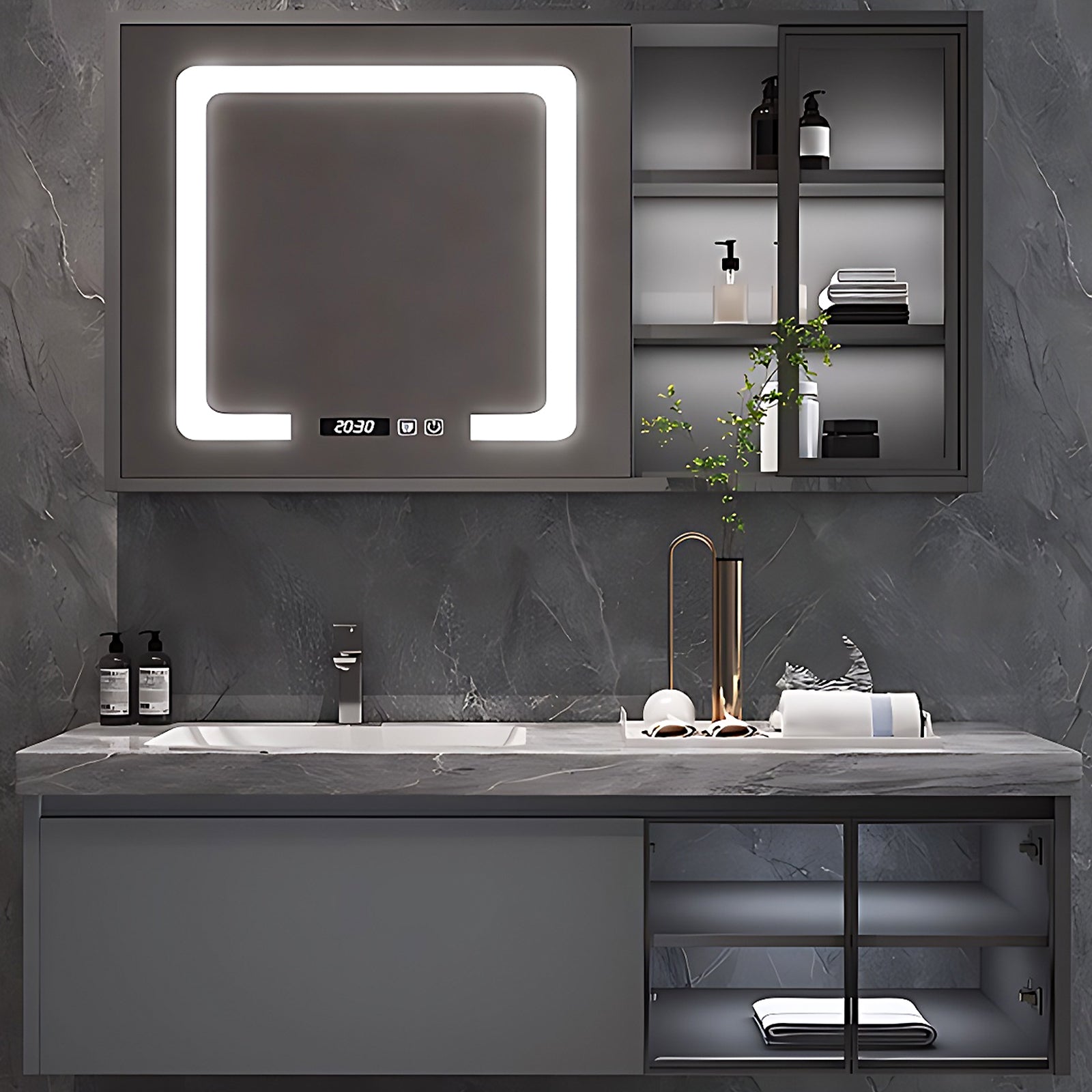 40"- 60" Single Sink Bathroom Vanity Set with LED Medicine Cabinet and Glass Door Cabinet