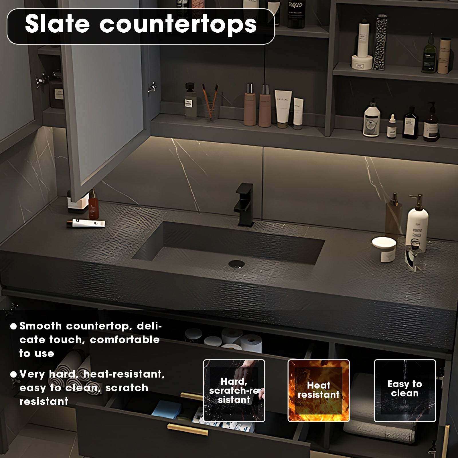 36"- 68" Single Sink Floating Black Bathroom Vanity Set with Smart LED ...
