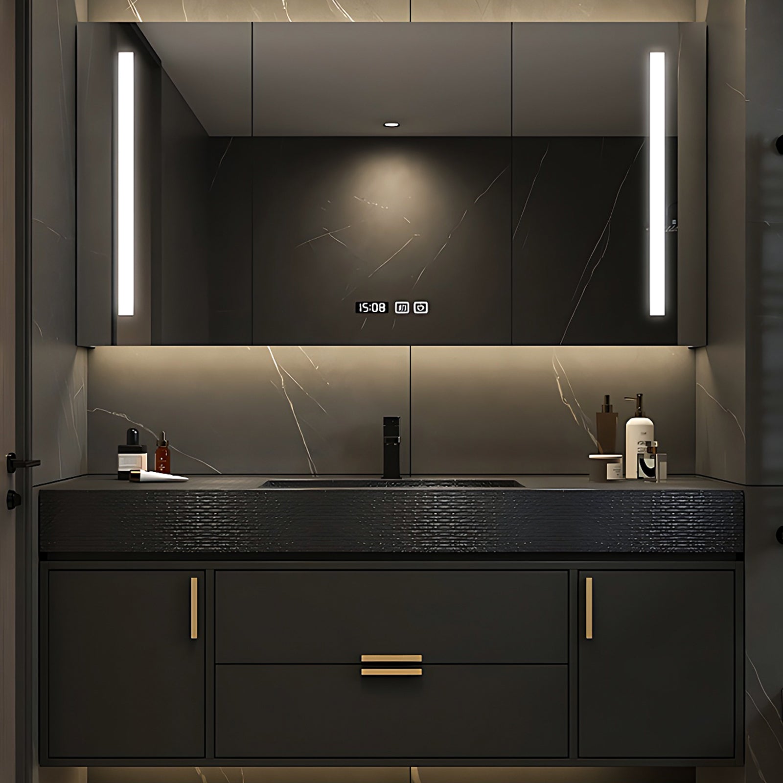 36"- 68" Single Sink Floating Black Bathroom Vanity Set with Smart LED ...
