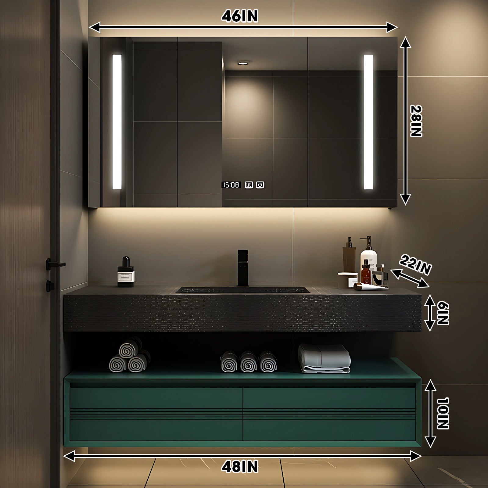 36"- 52" Single Sink Floating Green Bath Vanity Set with LED Mirror Ca ...