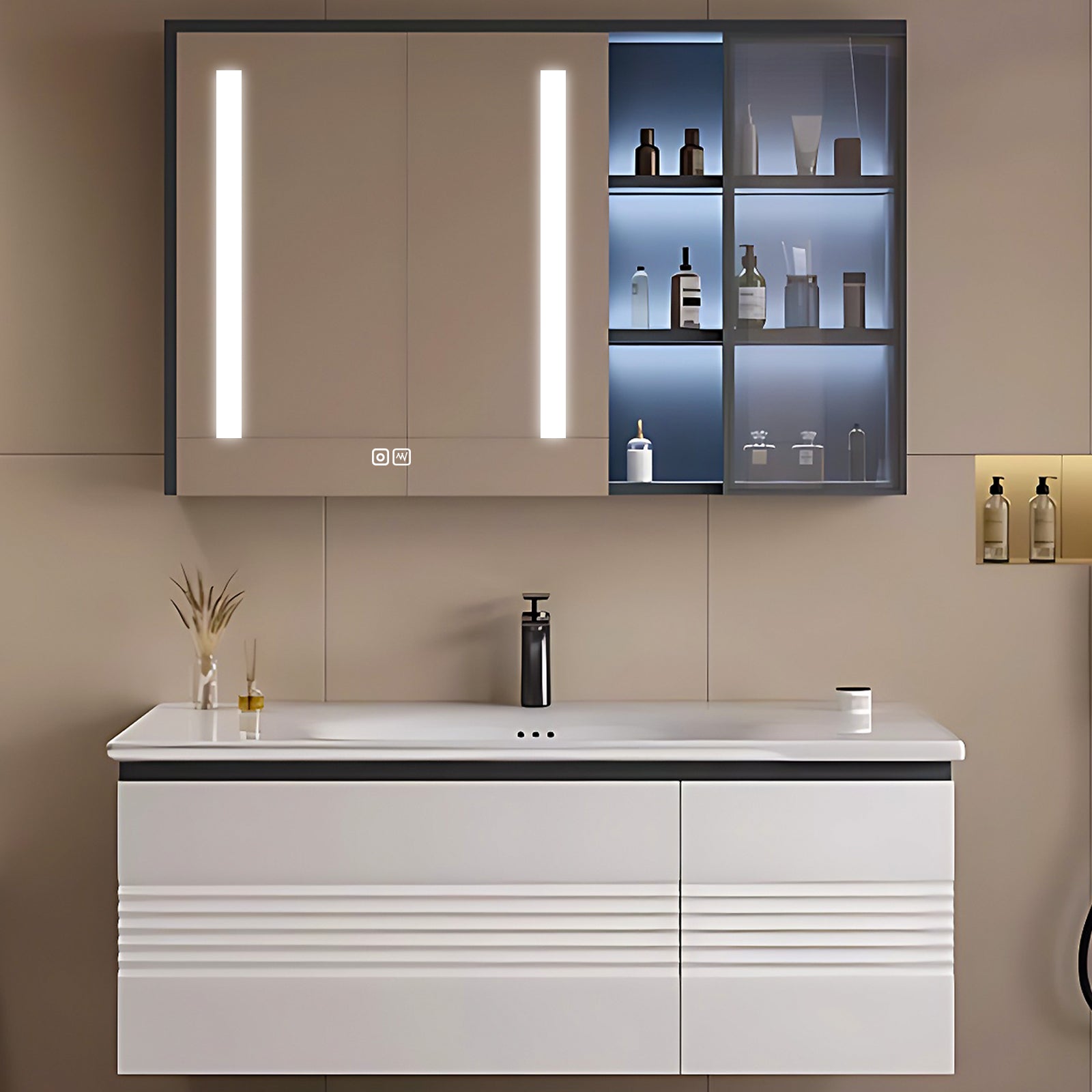 40"- 72" Single Wall Mounted Bath Vanity Set with LED Mirror Cabinet and Sensor Light