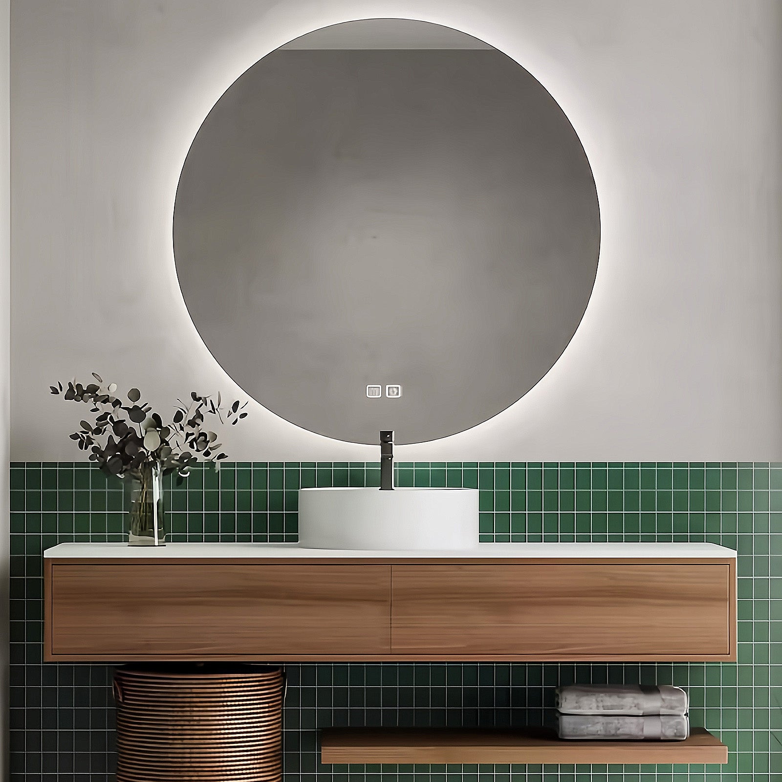 44"- 68" Solid Wood Floating Bathroom Vanity Set with Smart Round Mirror and Ceramic Basin