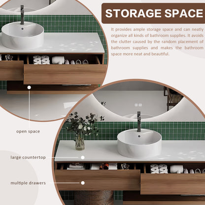 44"- 68" Solid Wood Floating Bathroom Vanity Set with Smart Round Mirror and Ceramic Basin
