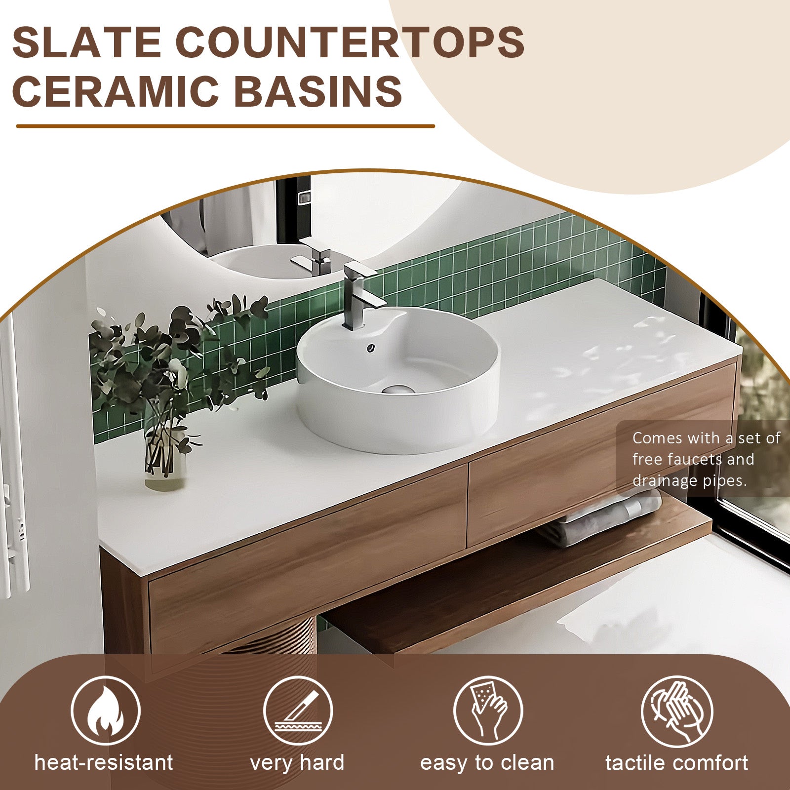 44"- 68" Solid Wood Floating Bathroom Vanity Set with Smart Round Mirror and Ceramic Basin