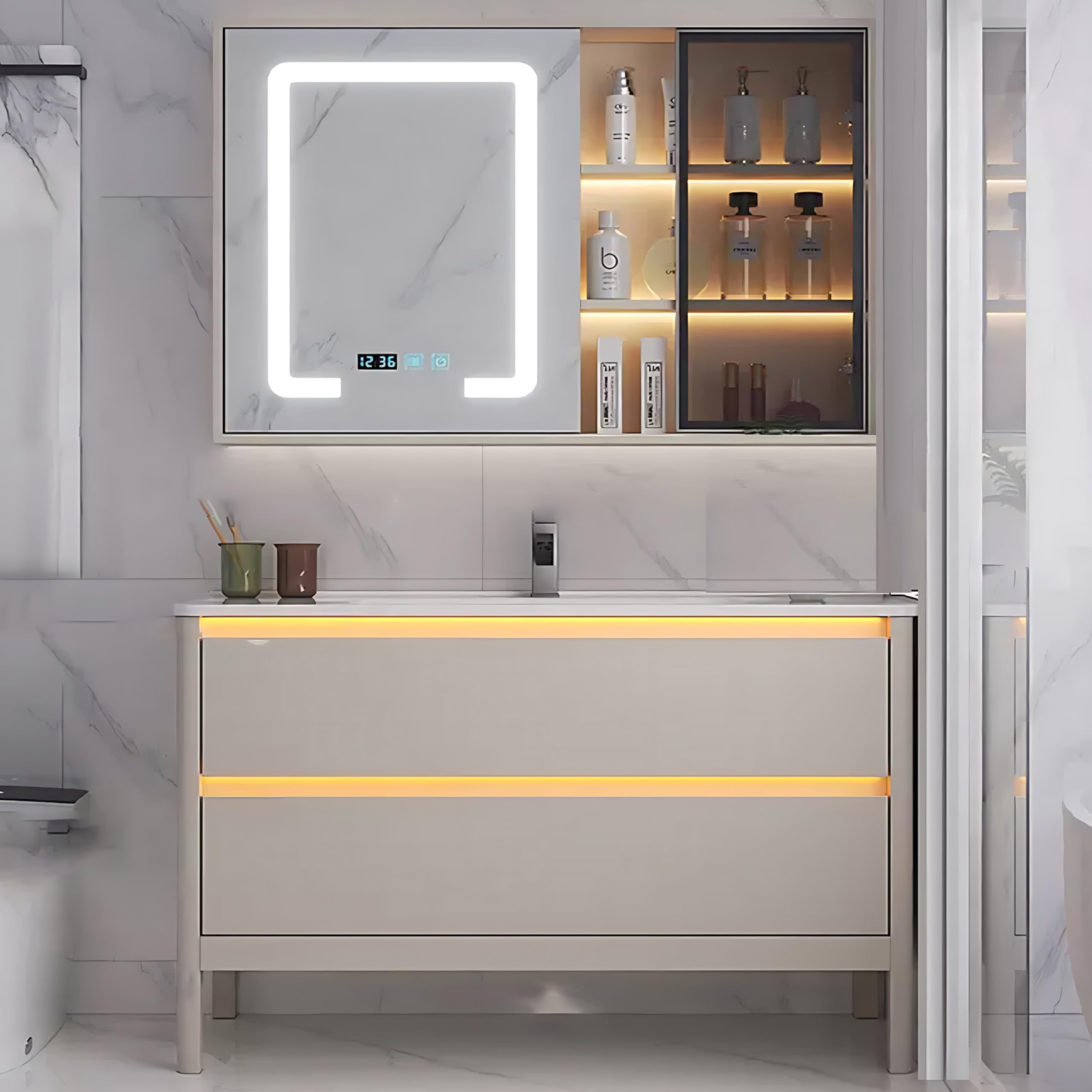 40"- 48" Solid Wood Freestanding Bathroom Vanity Set with LED Mirror, Sink and Intelligent Light