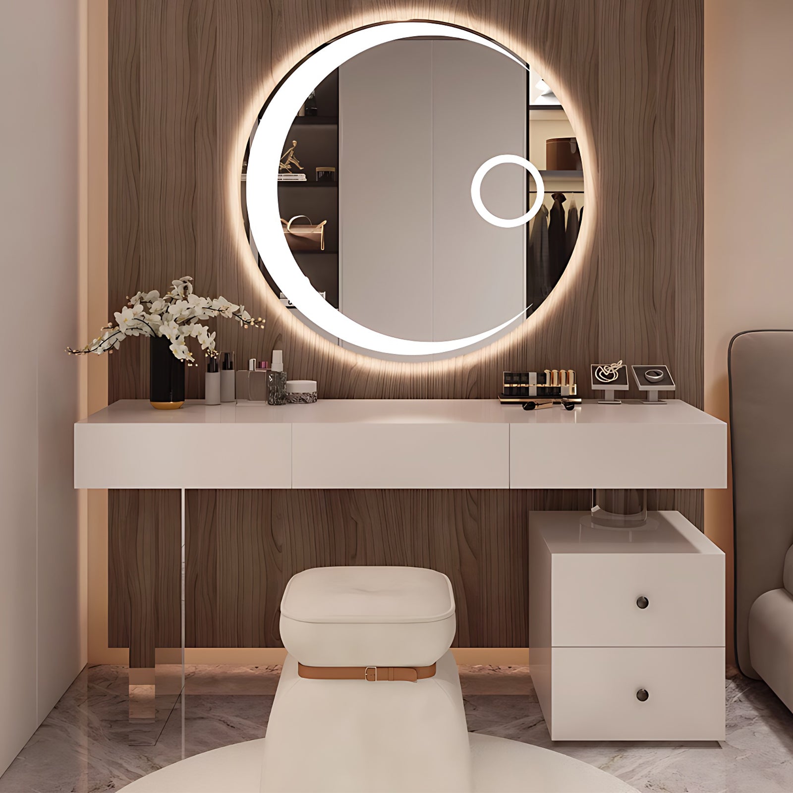 Solid Wood Makeup Desk with Circle Illuminated Mirror & Stool