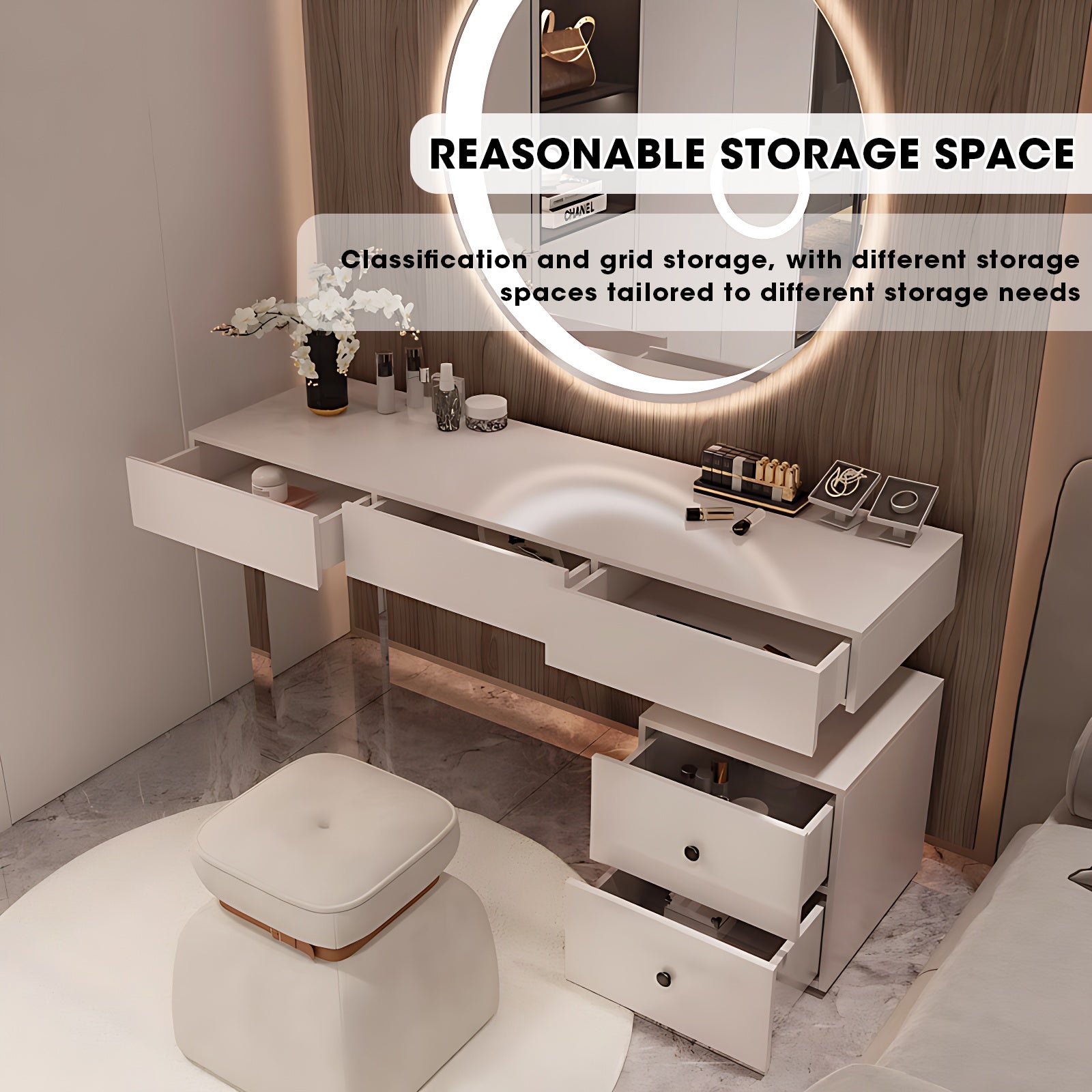 Solid Wood Makeup Desk with Circle Illuminated Mirror & Stool