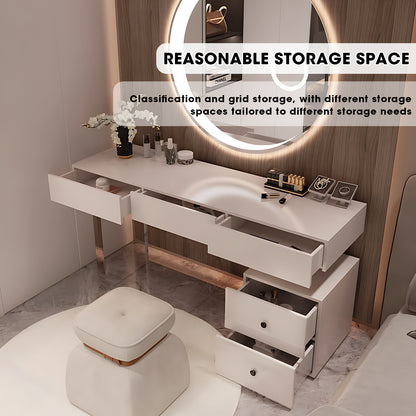 Solid Wood Makeup Desk with Circle Illuminated Mirror & Stool