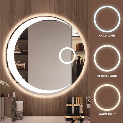 Solid Wood Makeup Desk with Circle Illuminated Mirror & Stool