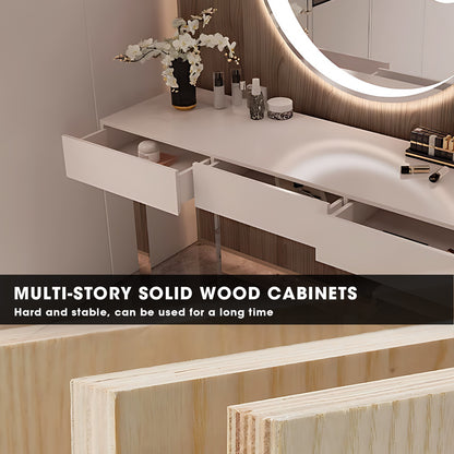 Solid Wood Makeup Desk with Circle Illuminated Mirror & Stool