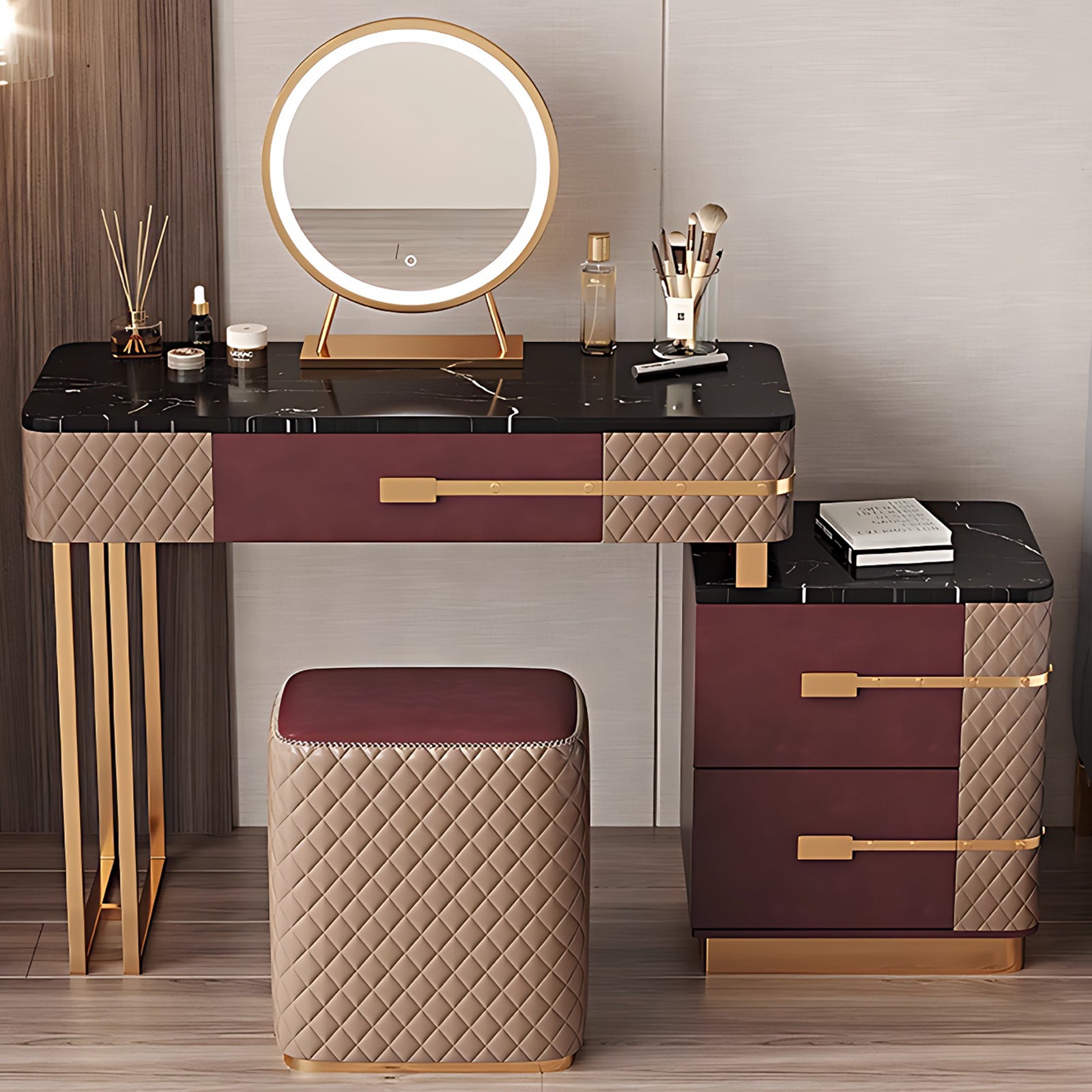 Solid Wood Makeup Vanity Set with Circle Mirror and Stool