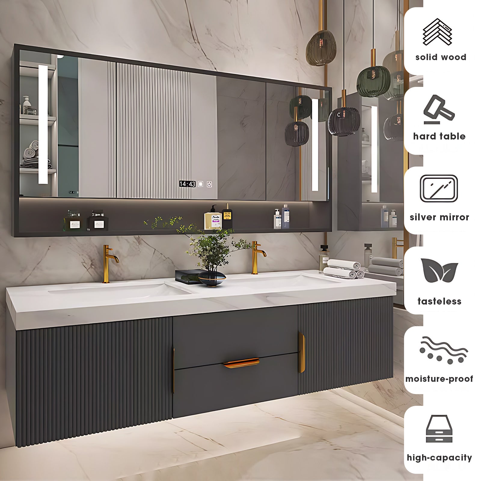 40"- 78" Solid Wood Wall Mounted Bath Vanity Set with Defogging Mirror and Ceramic Basin