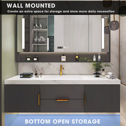 40"- 78" Solid Wood Wall Mounted Bath Vanity Set with Defogging Mirror and Ceramic Basin