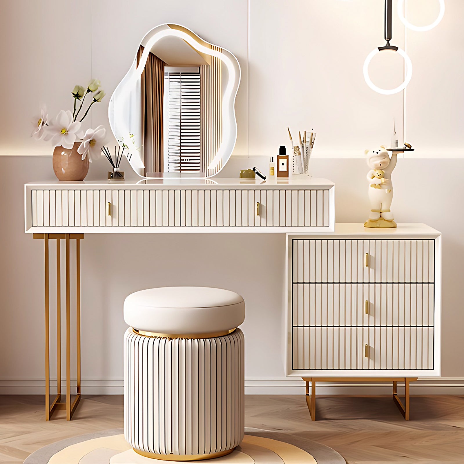 Striped Makeup Vanity Set with Irregular LED Mirror and Stool