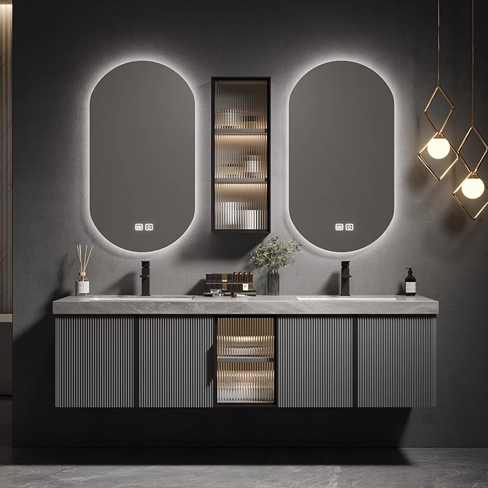 56‘’-72‘’ Wall Mounted Double Sink Bathroom Vanity Set with  Double Intelligent Defogging Mirror