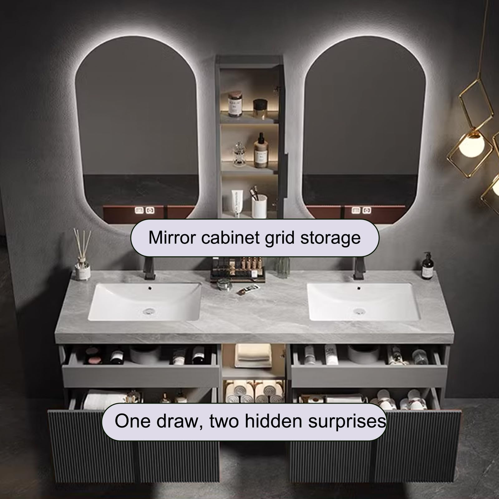 56‘’-72‘’ Wall Mounted Double Sink Bathroom Vanity Set with  Double Intelligent Defogging Mirror