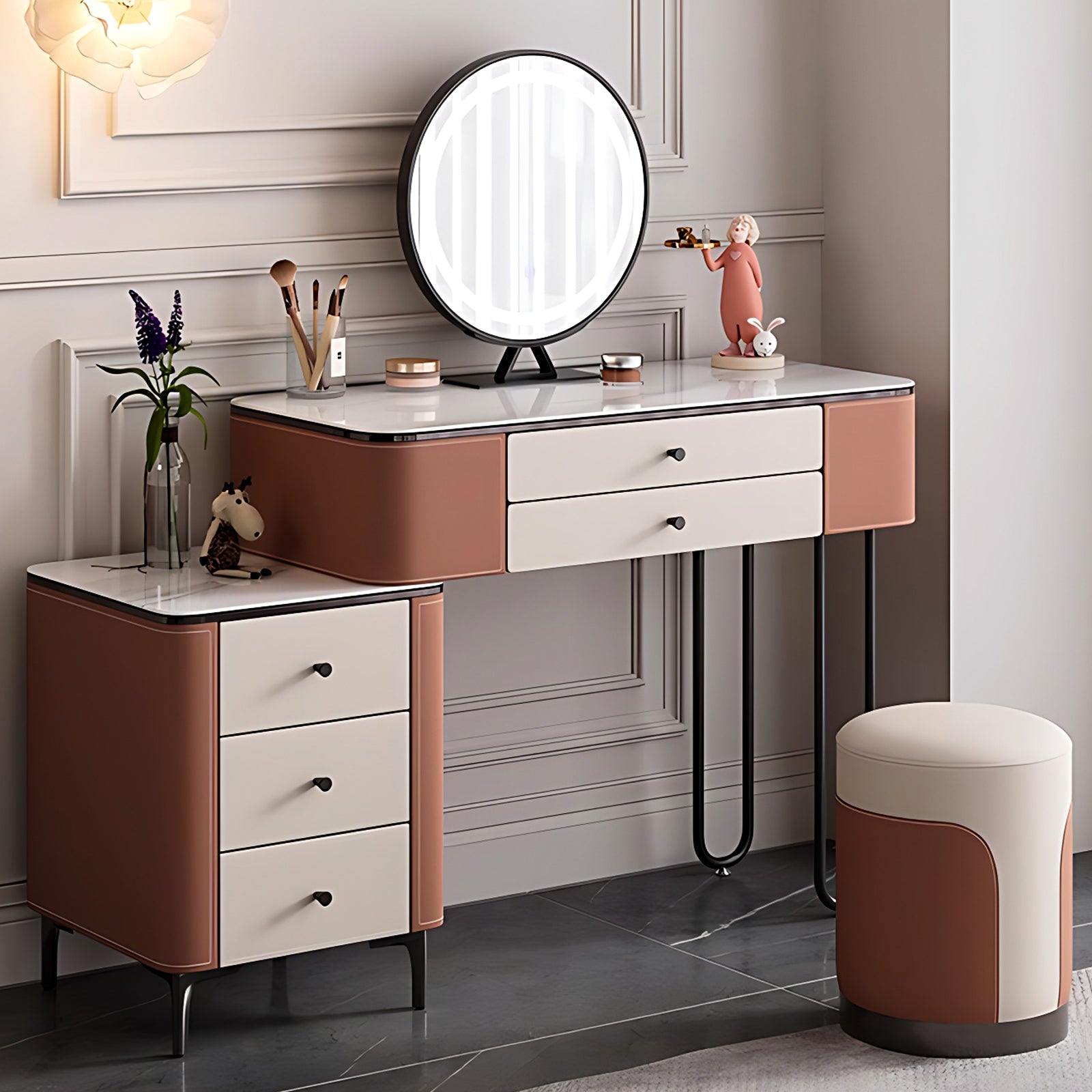 Two-Tone Makeup Vanity Set with LED Mirror & Stool