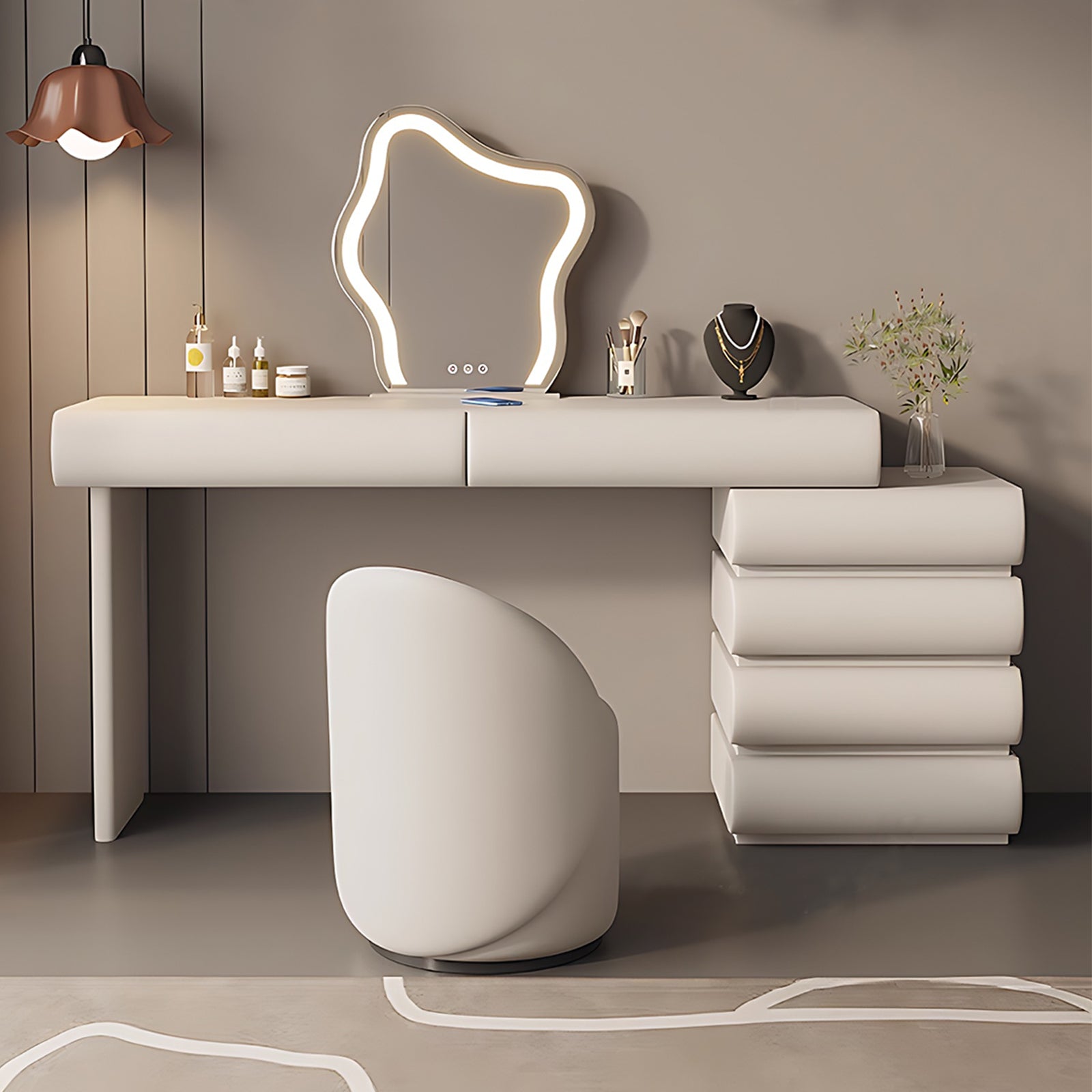 Vanity Desk Set with LED Lighted Mirror and Stool