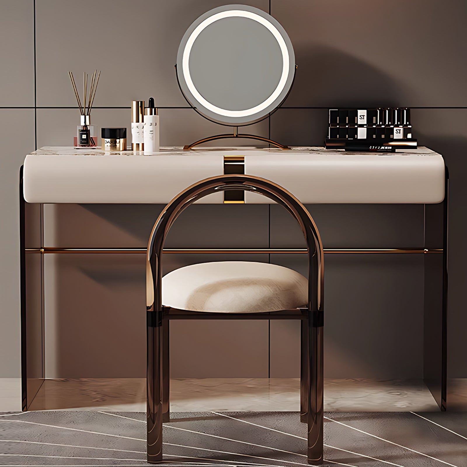 Vanity Desk with Circle Mirror and Chair for Bedroom