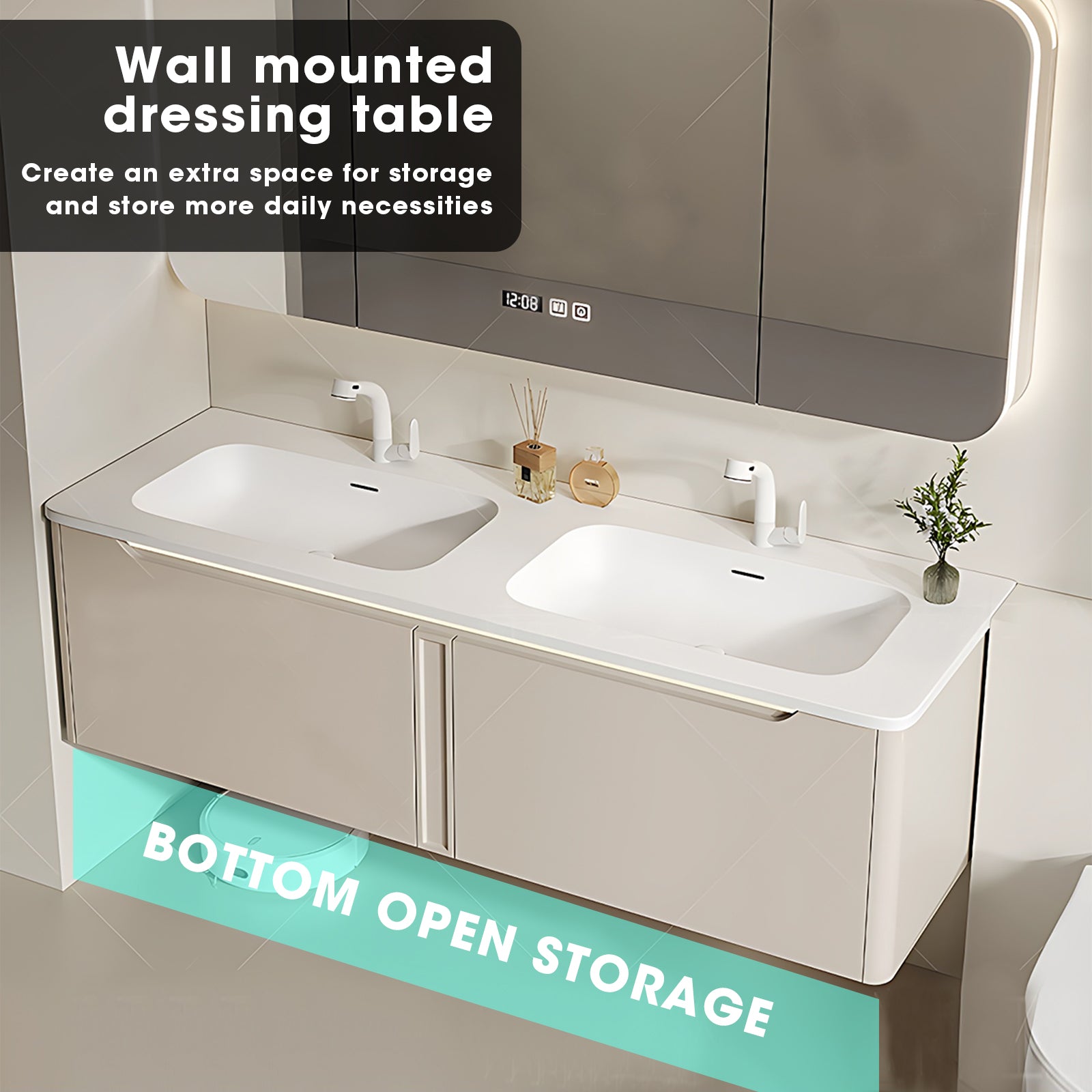 40 Inch Floating Bathroom Vanity Set With Smart Defogging Mirror & Sink - Solid Wood Cabinet, Faucet Included