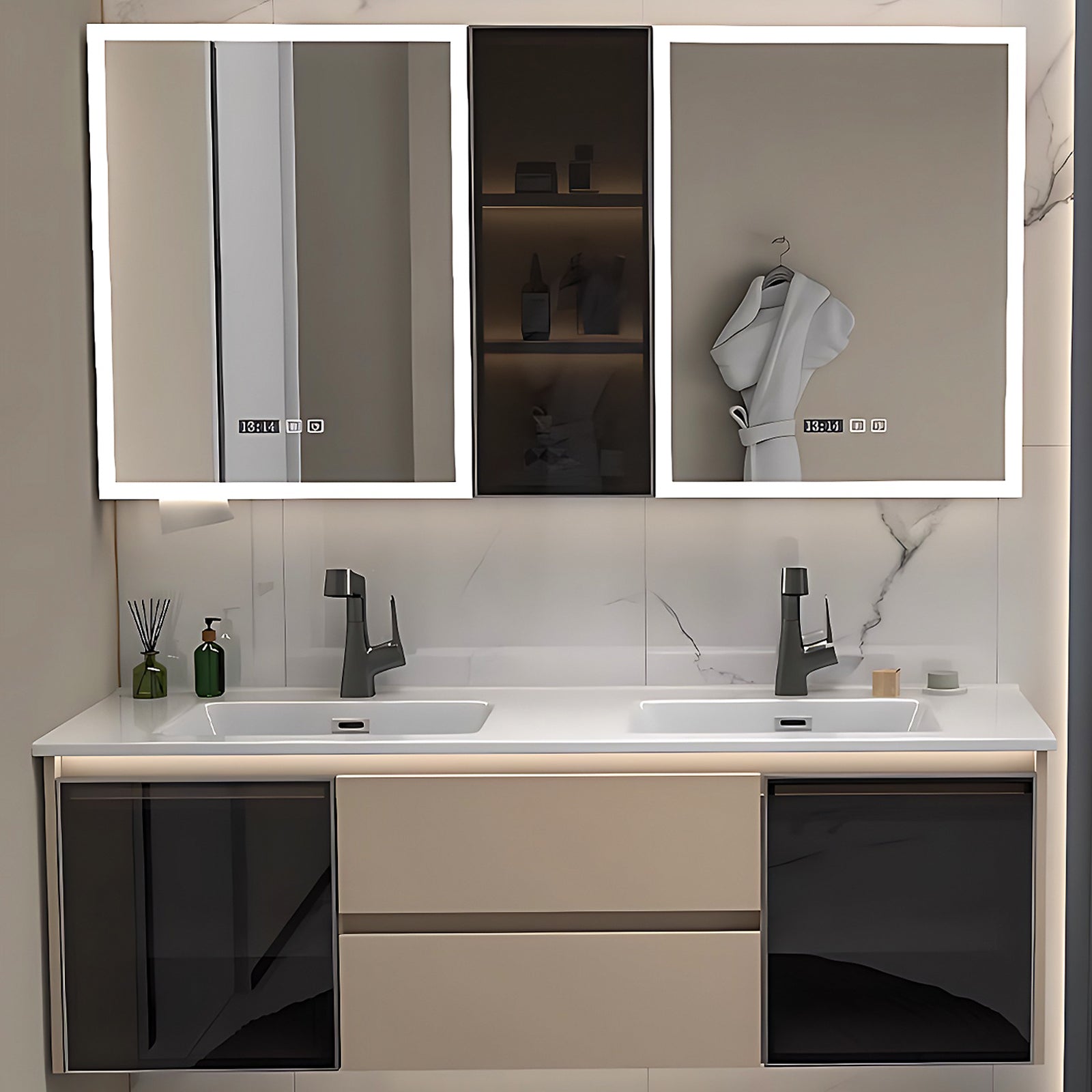 52"- 78" Wall Mounted Bath Vanity Set with Double Deffogging Mirror and Double Sink