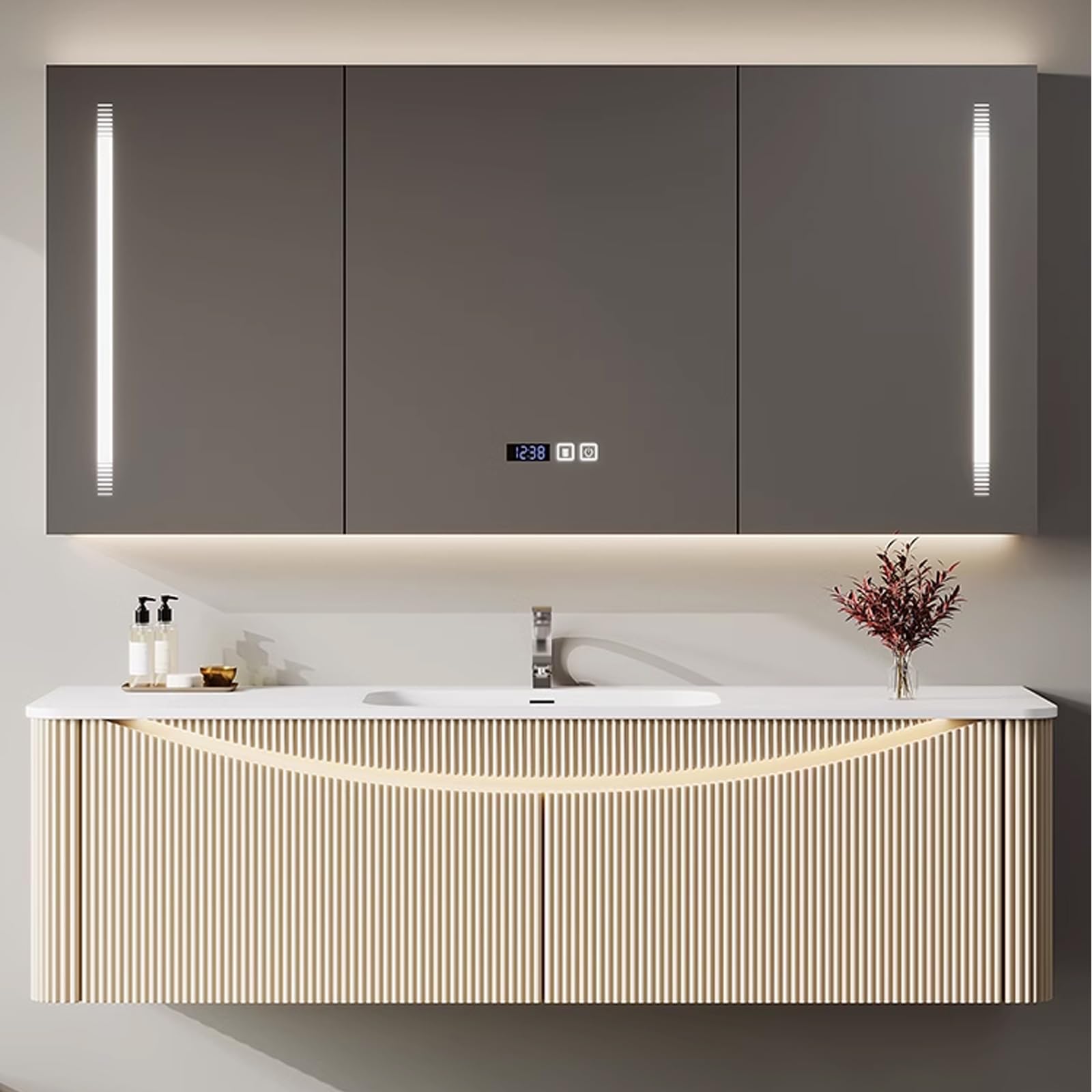 40"- 60" Wall Mounted Bathroom Vanity Set with LED Defogging Mirror and Single Sink