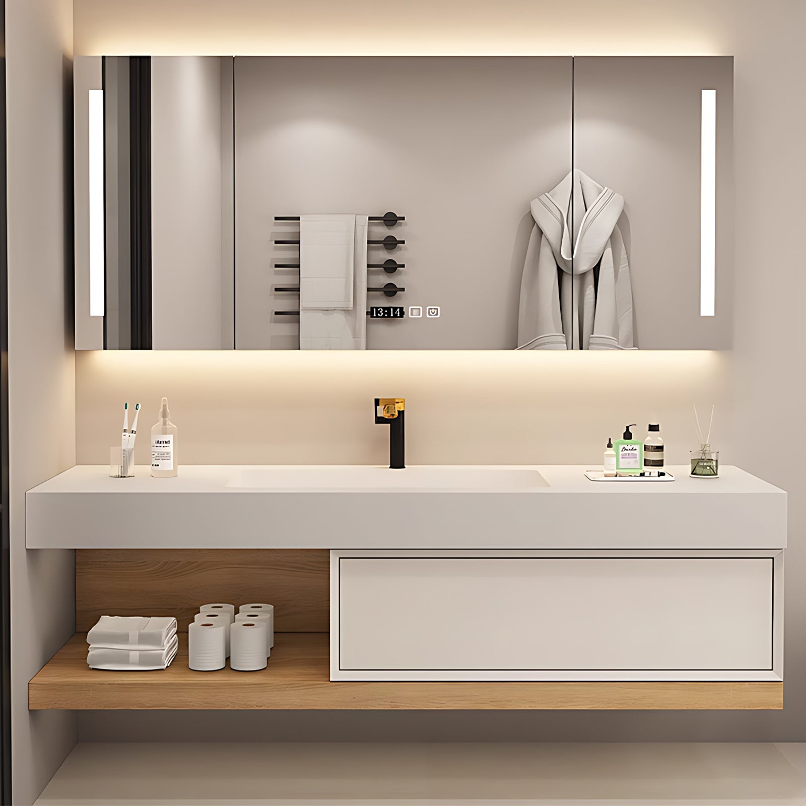 36"- 64" Wall Mounted Bathroom Vanity Set with Open Storage & LED Mirror Cabinet & Single Basin