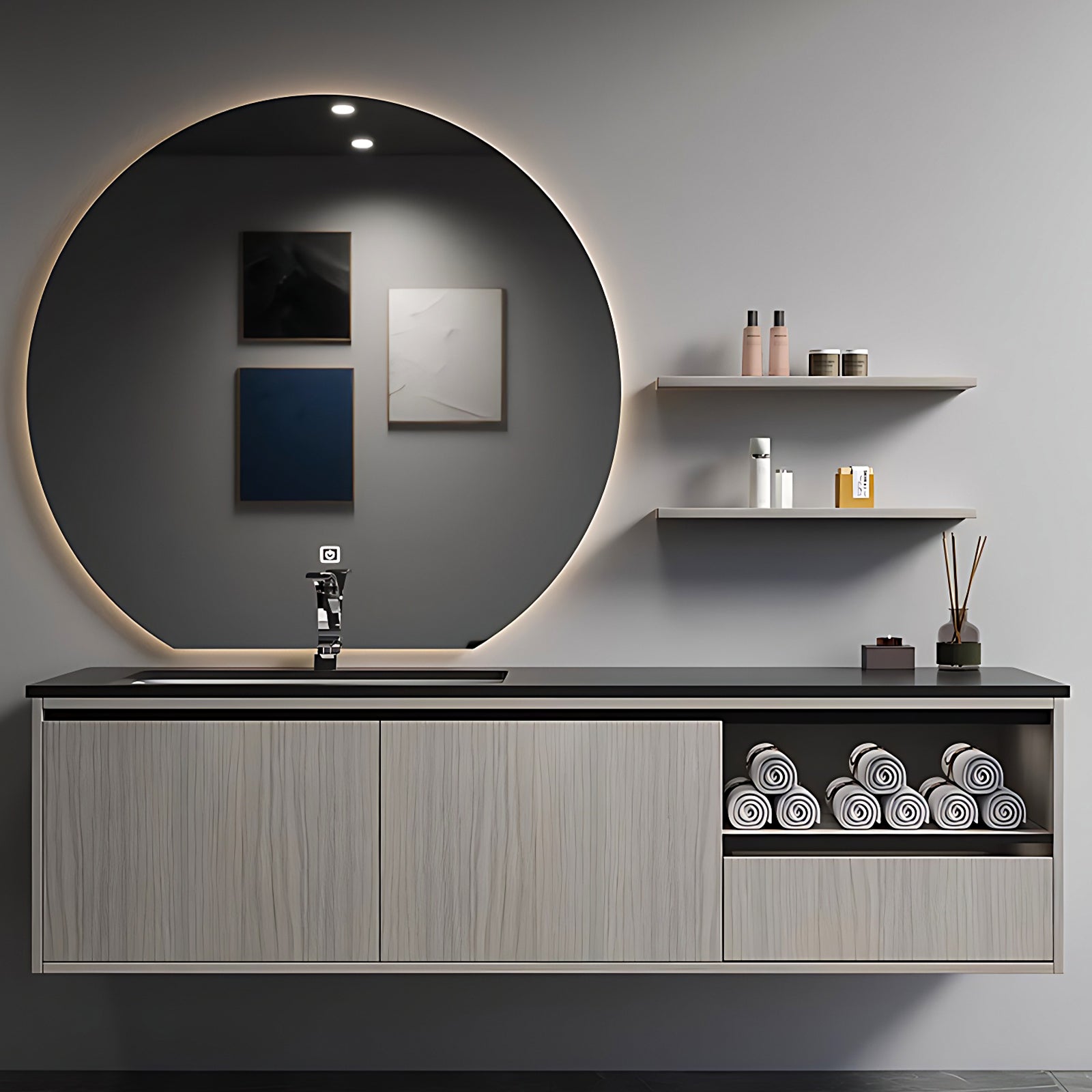 32"- 60" Wall Mounted Bathroom Vanity Set with Single Sink & Backlit Circle Mirror