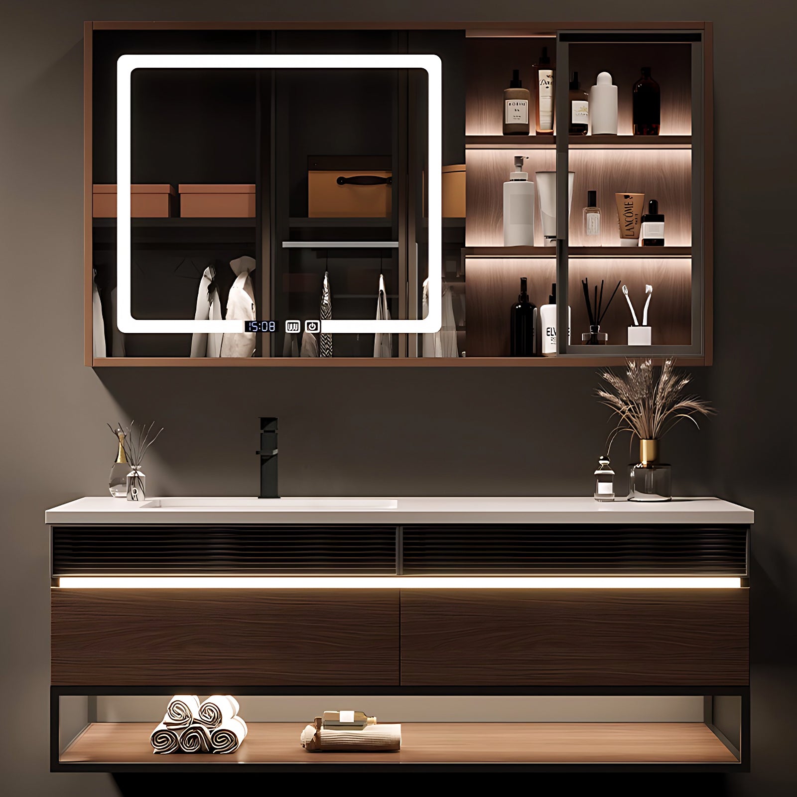 36"- 68" Walnut Bathroom Vanity Set with Lighting Glass Door Cabinet & Medicine Cabinet & Basin