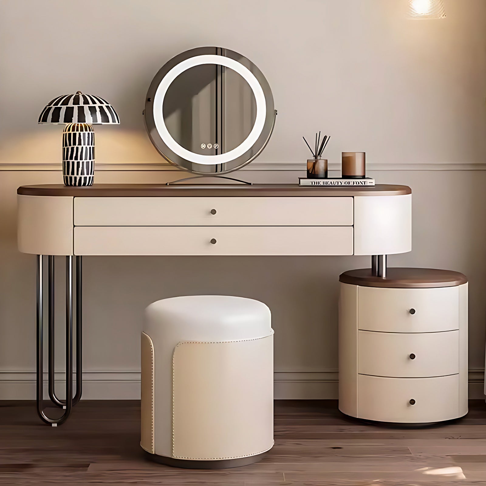 Walnut Countertop Dressing Table Set with 5 Drawers & LED Circle Mirror & Stool